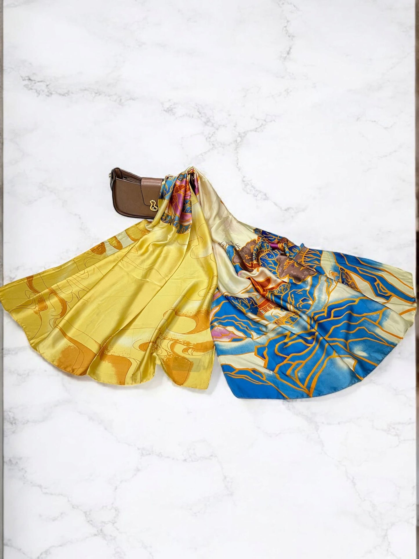Large Satin Silk Scarf - Yellow Blue Mosaic