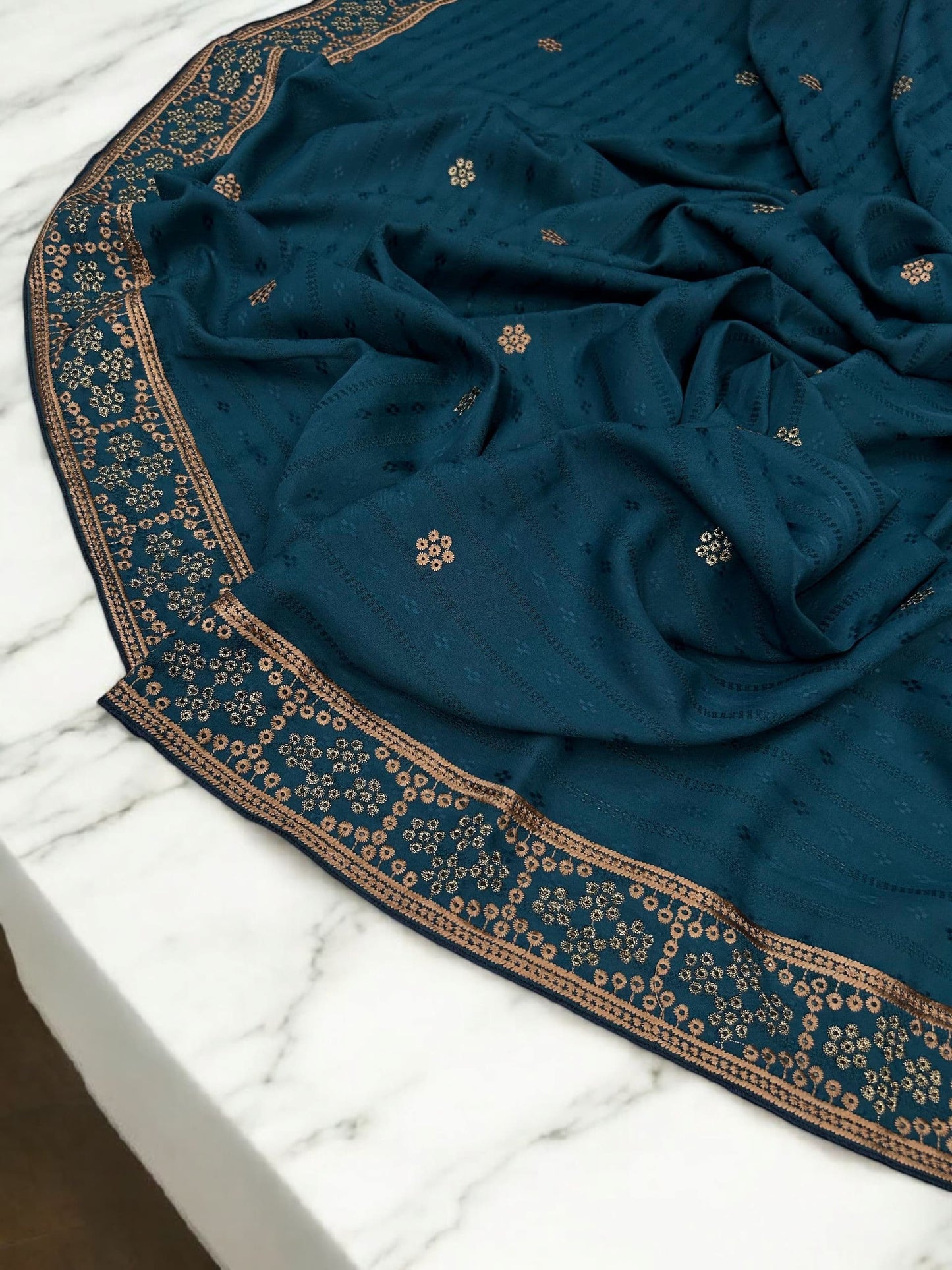 Teal Beige Honeycomb Fancy Self Embroidered Shaal