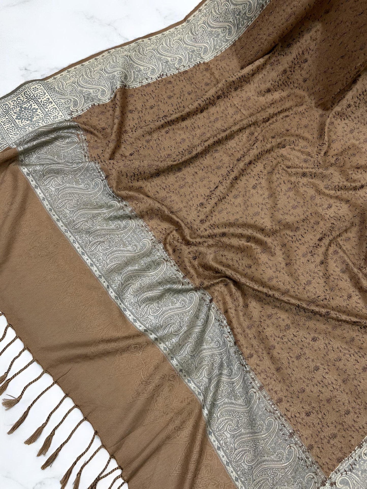 Taupe Cream Threadwork Hand Embroidered Pashmina Shawl