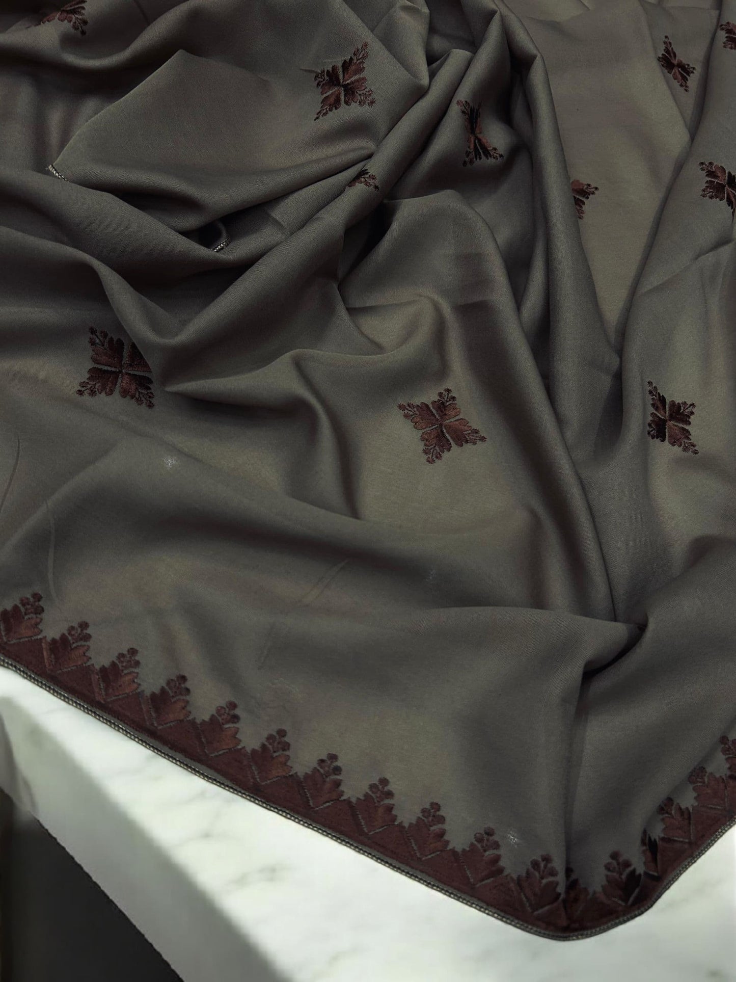Sepia Brown Curved Floral Border Shaal