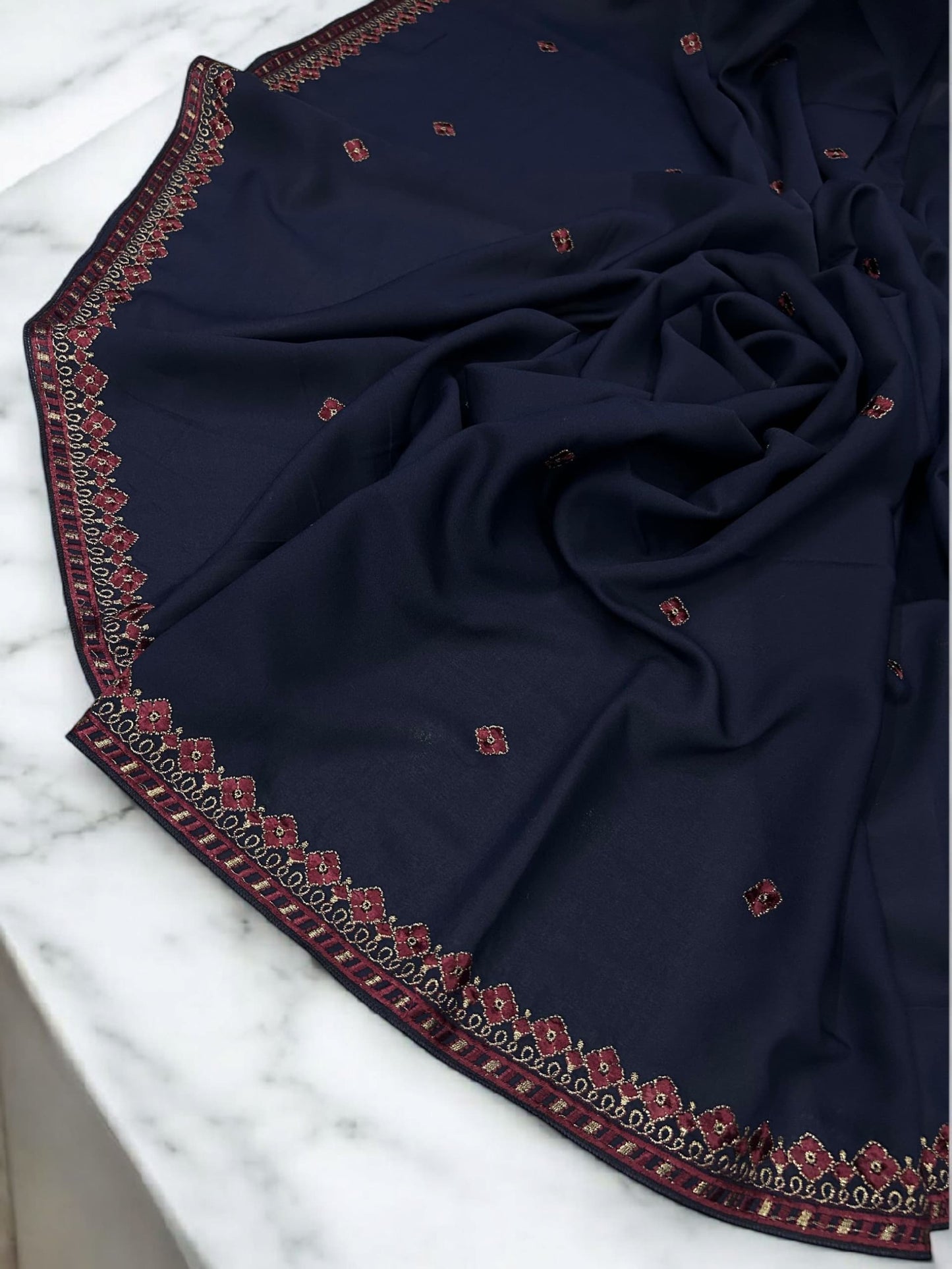 Navy Red Flowers Threadwork Embroidered Border Shaal