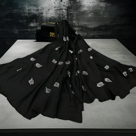 Silver Embroidered Hazel Leaves - Monochrome Hijab