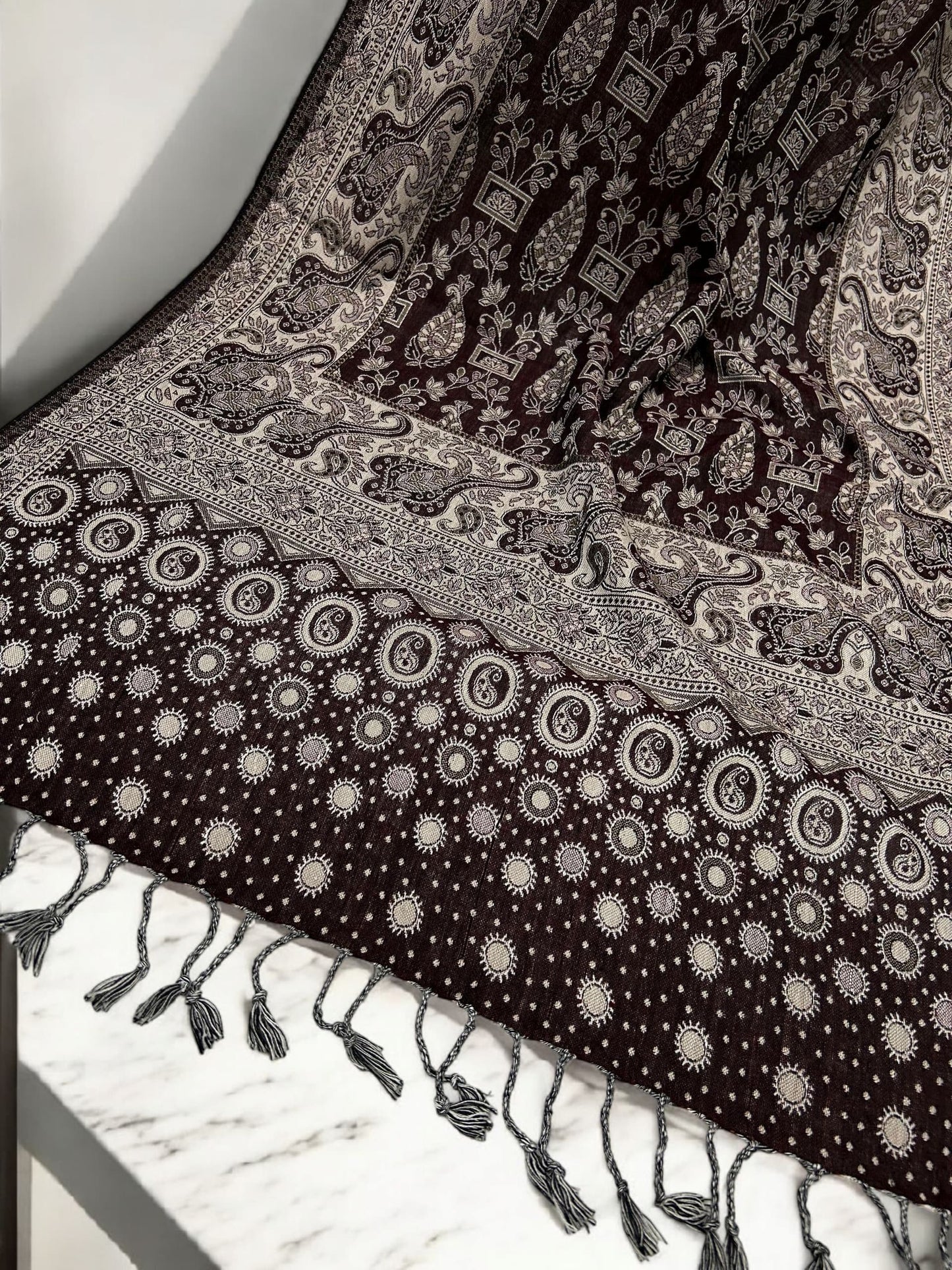 Umber Brown Cream dotted two-tone Paisley Pashmina Hijab