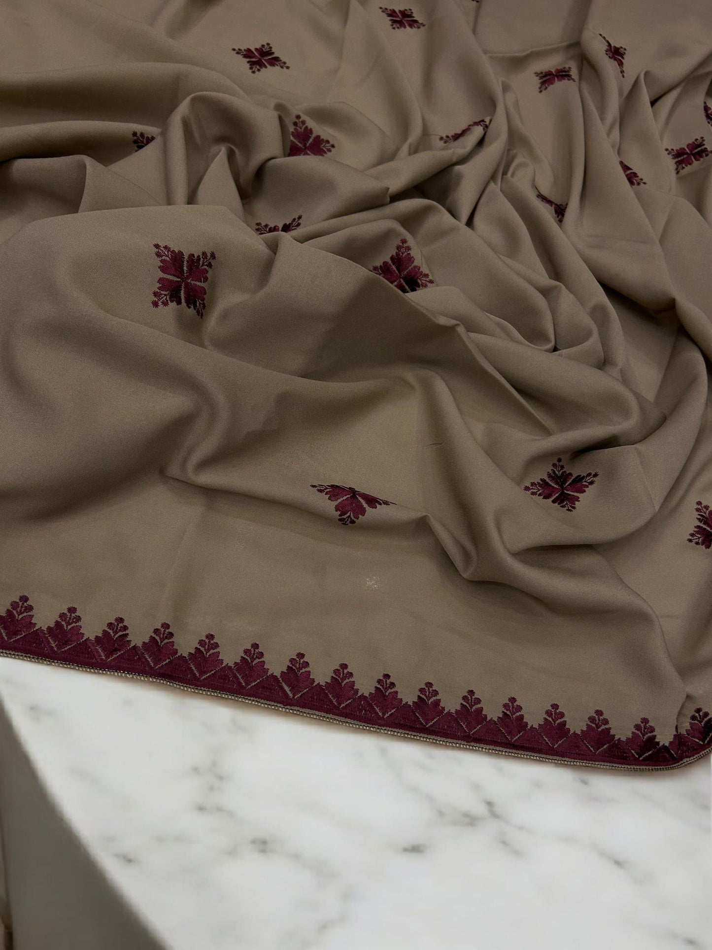 Khaki Maroon Curved Floral Border Shaal