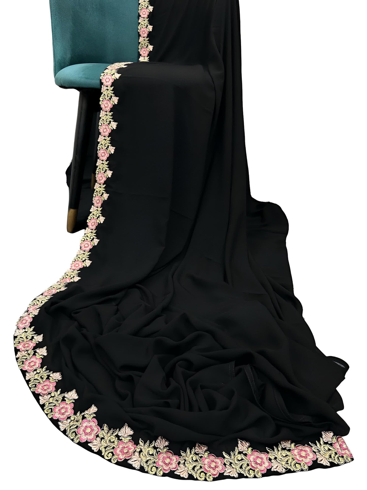Black Pink Peonies Floral Border Shaal