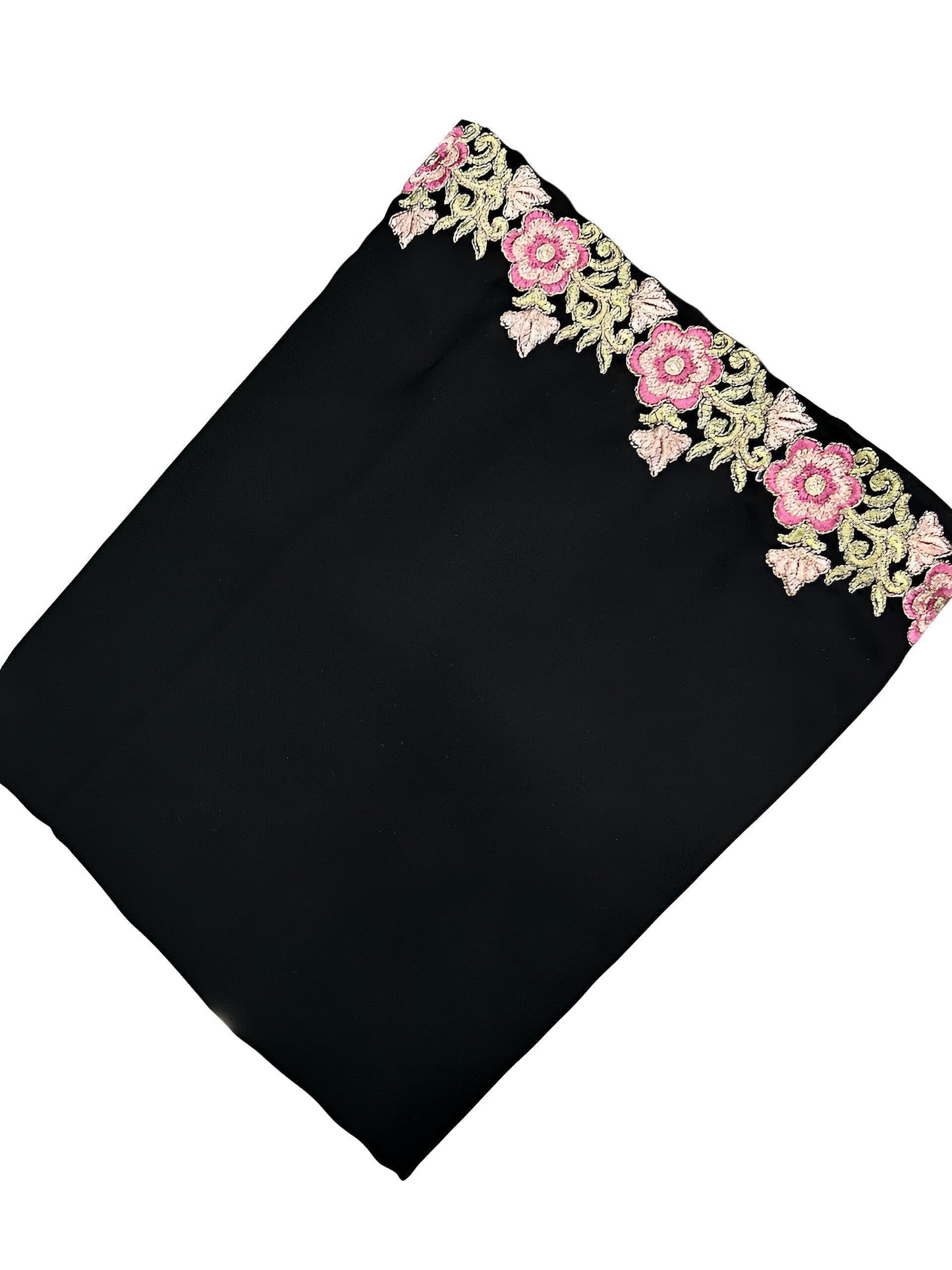 Black Pink Peonies Floral Border Shaal