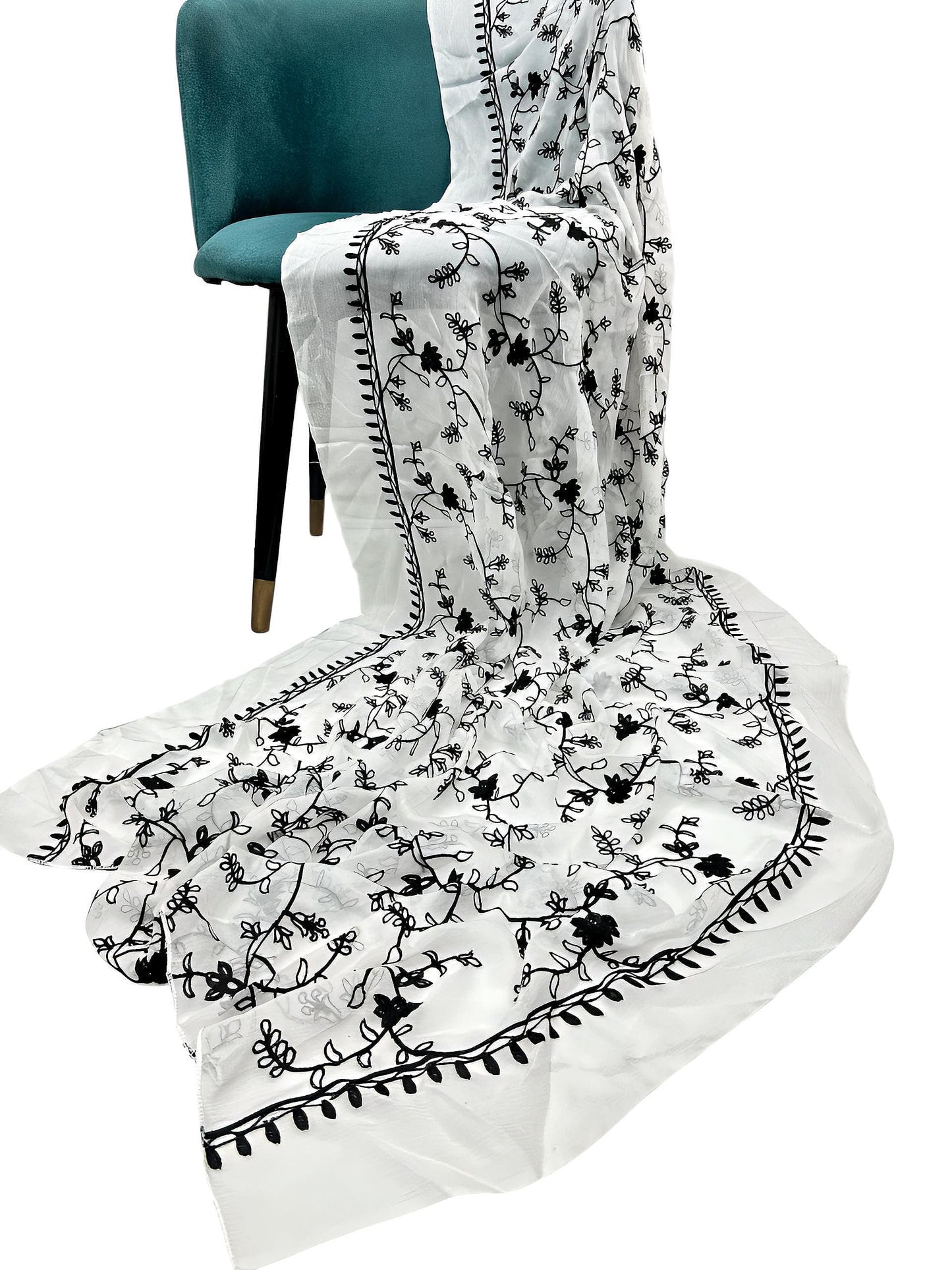 White & Black Lilies Embroidered Chiffon Dupatta