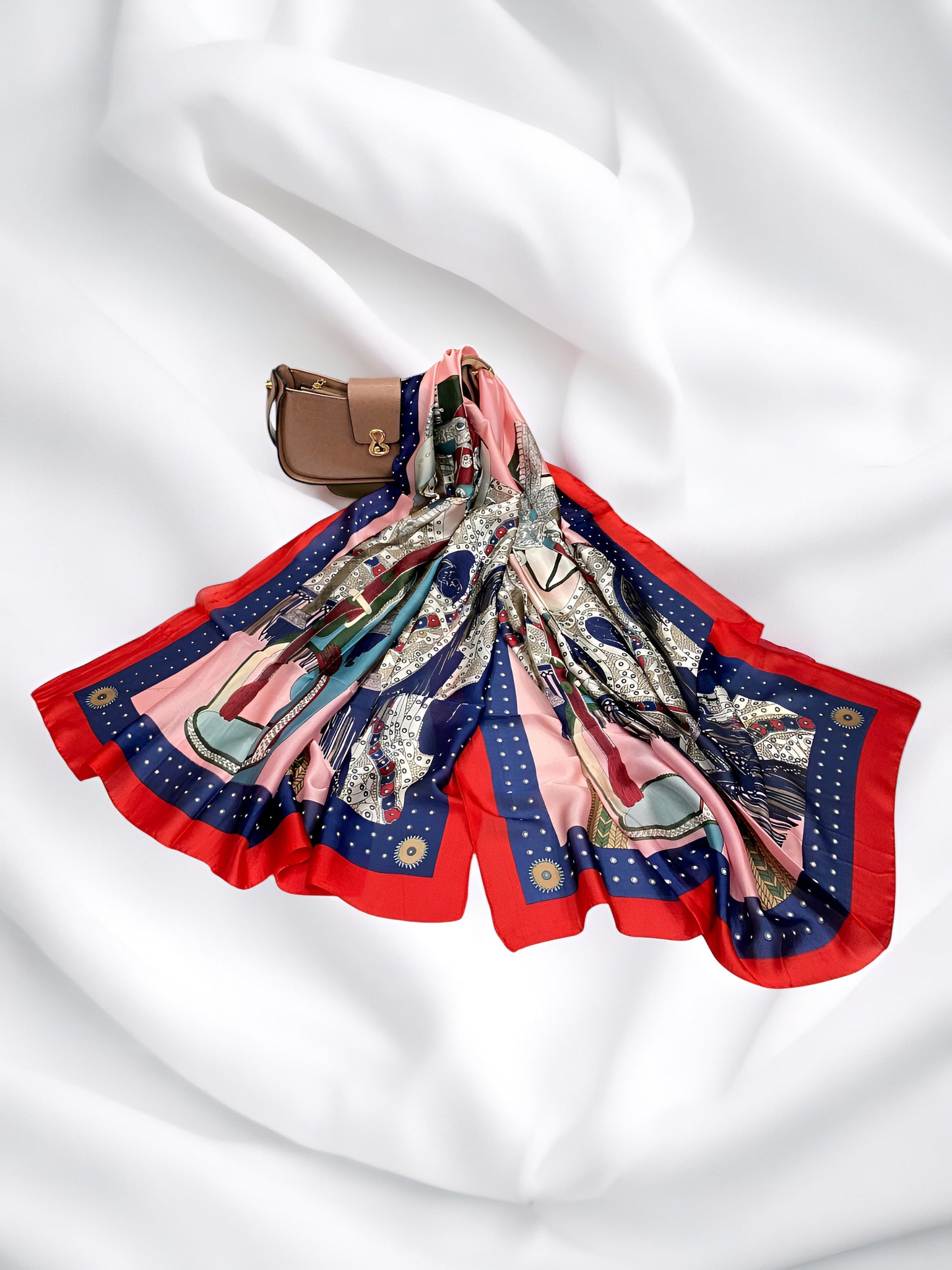 Large Satin Silk Scarf - Blue Geometric