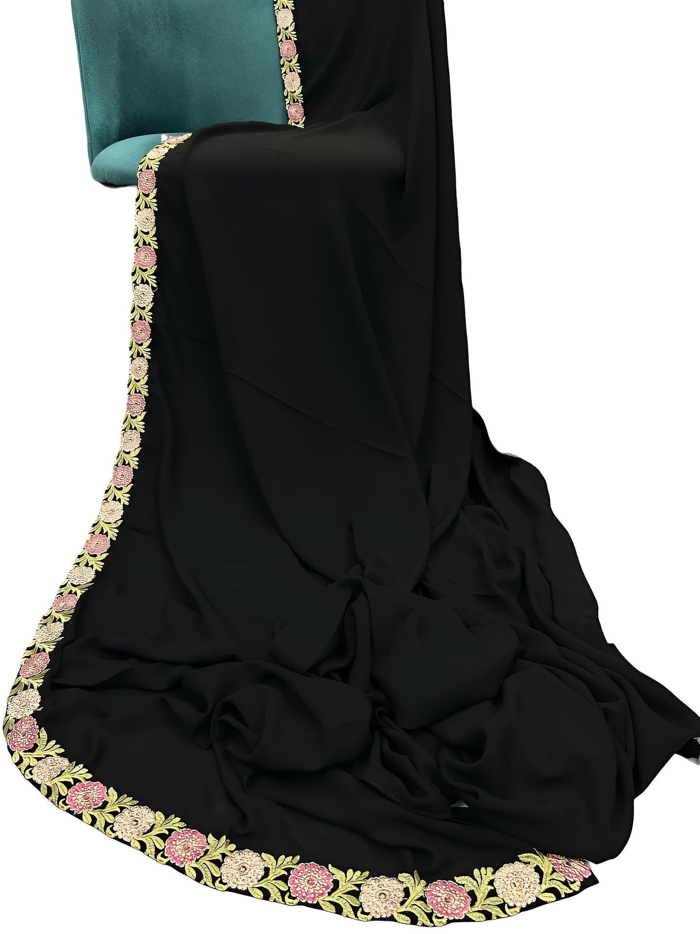 Black Pink Magnolia Floral Border Shaal