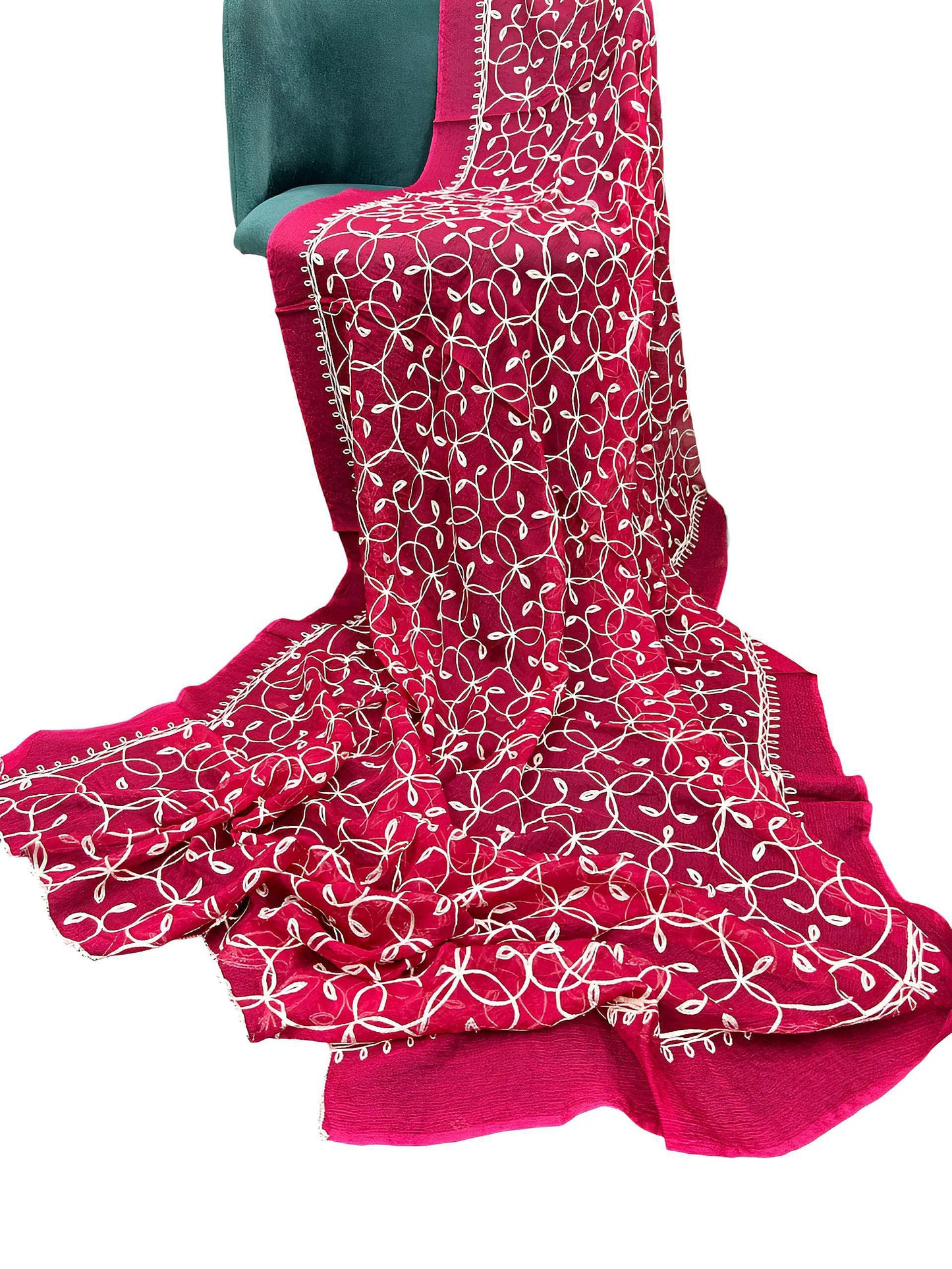 Pink Leafs Embroidered Chiffon Dupatta