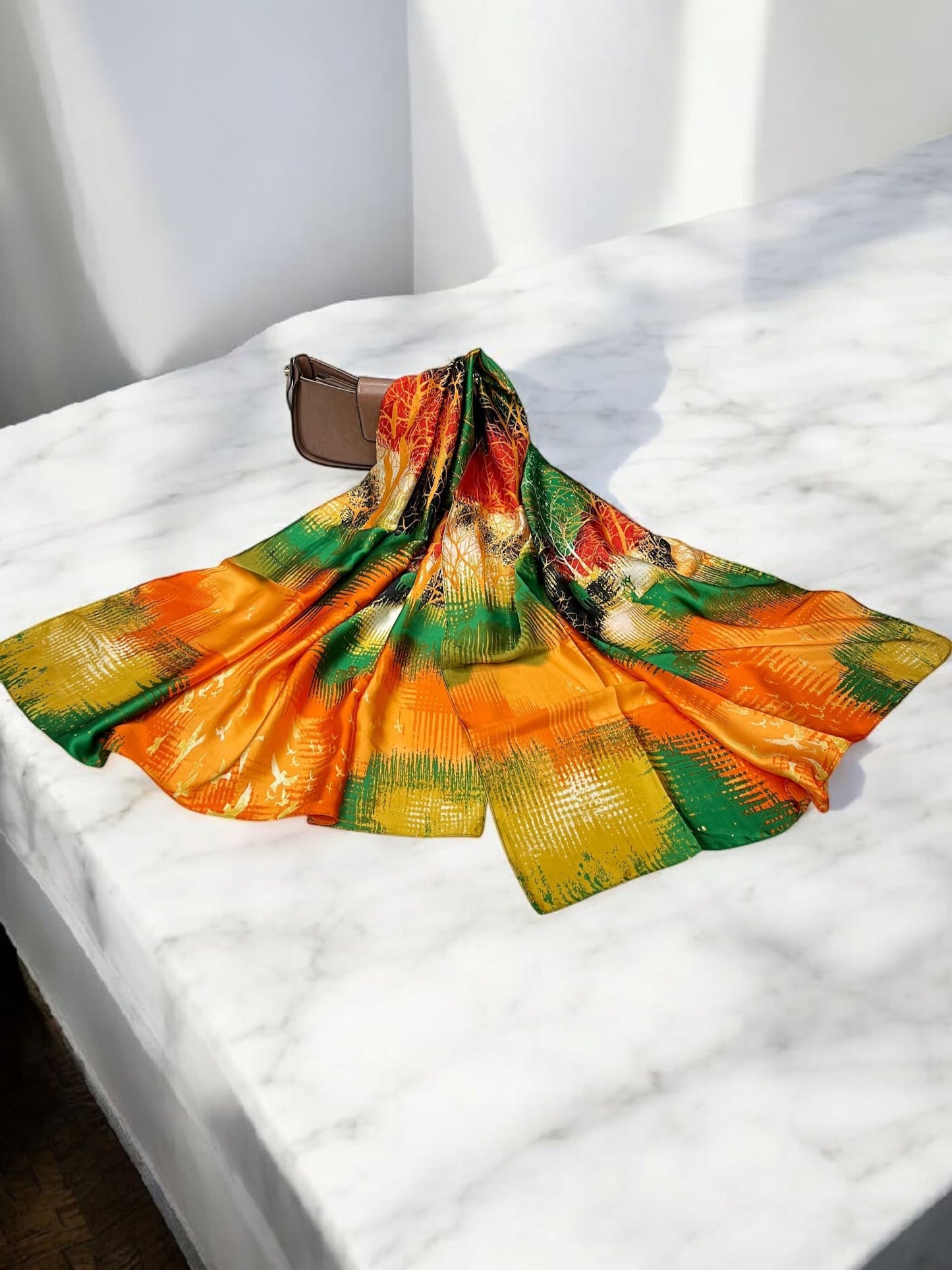 Large Satin Silk Scarf - Orange Green Patches