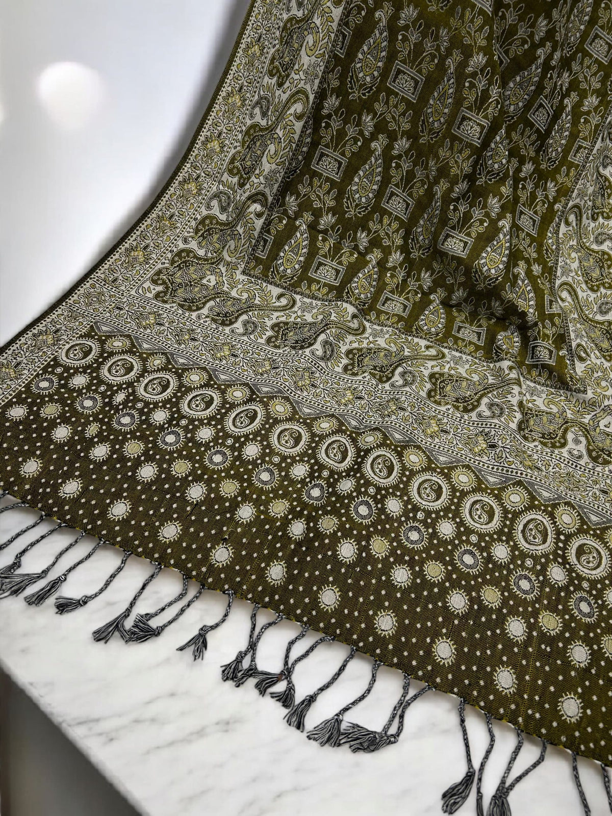 Olive White Silver dotted two-tone Paisley Pashmina Hijab