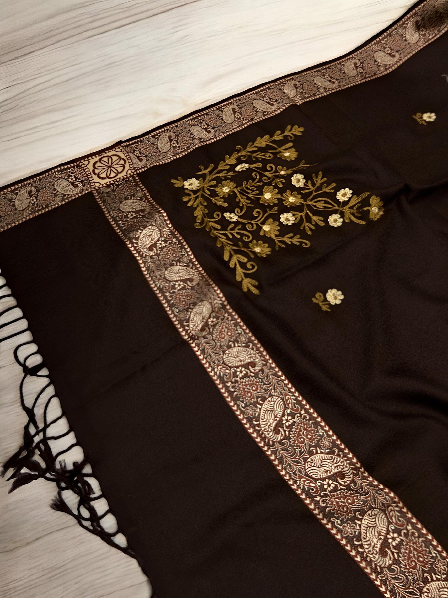 Chocolate Rose Gold Border Embroidered Mustard Floral Shawl