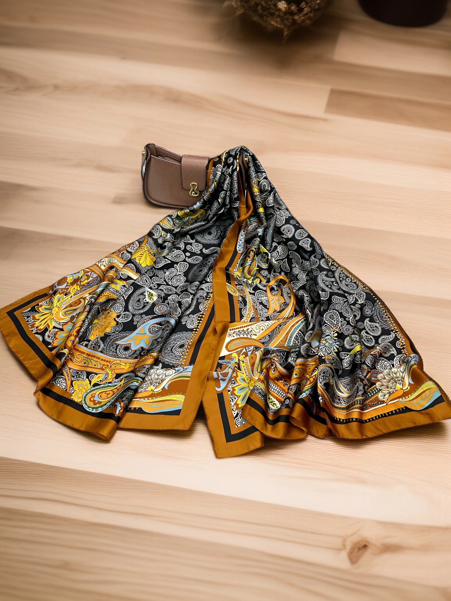 Large Satin Silk Scarf - Black Gold Paisley