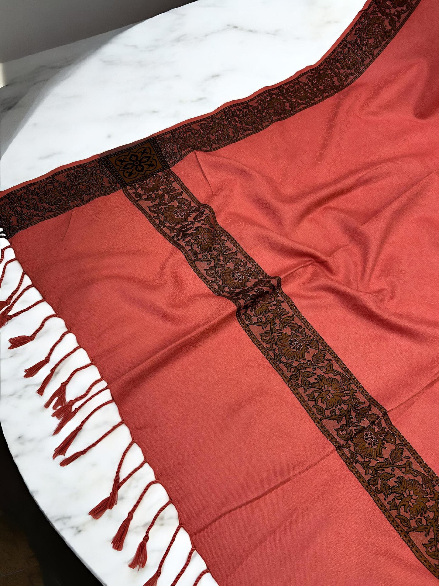 Coral Brown Embossed Patchwork Border Shawl