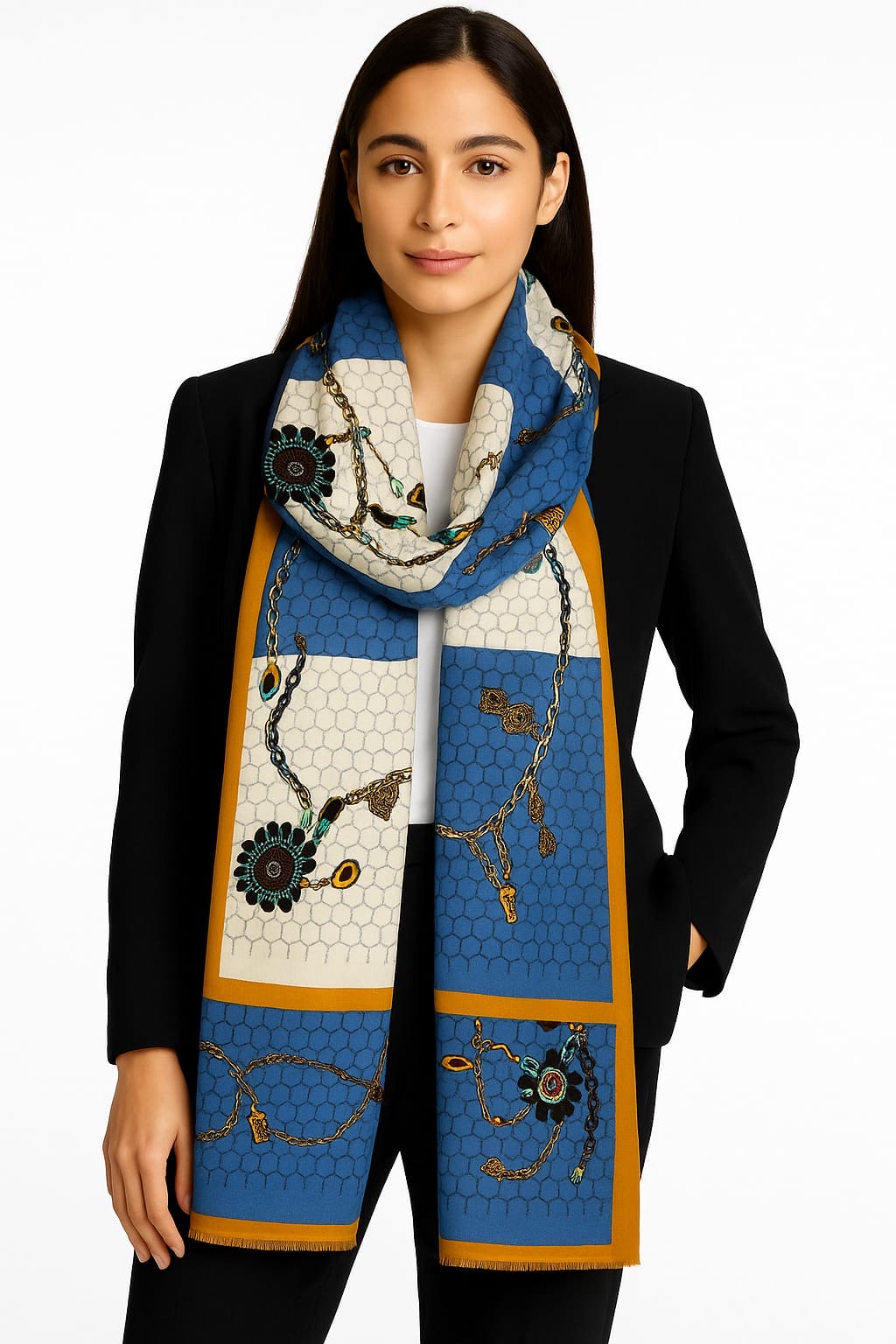 Printed Viscose Wool Hijab - Blue Brown Chains