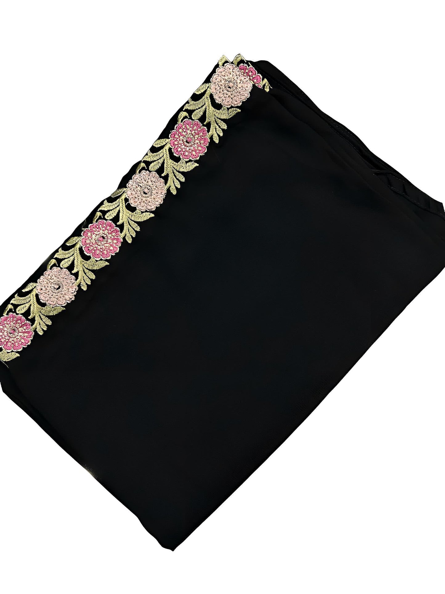 Black Pink Magnolia Floral Border Shaal