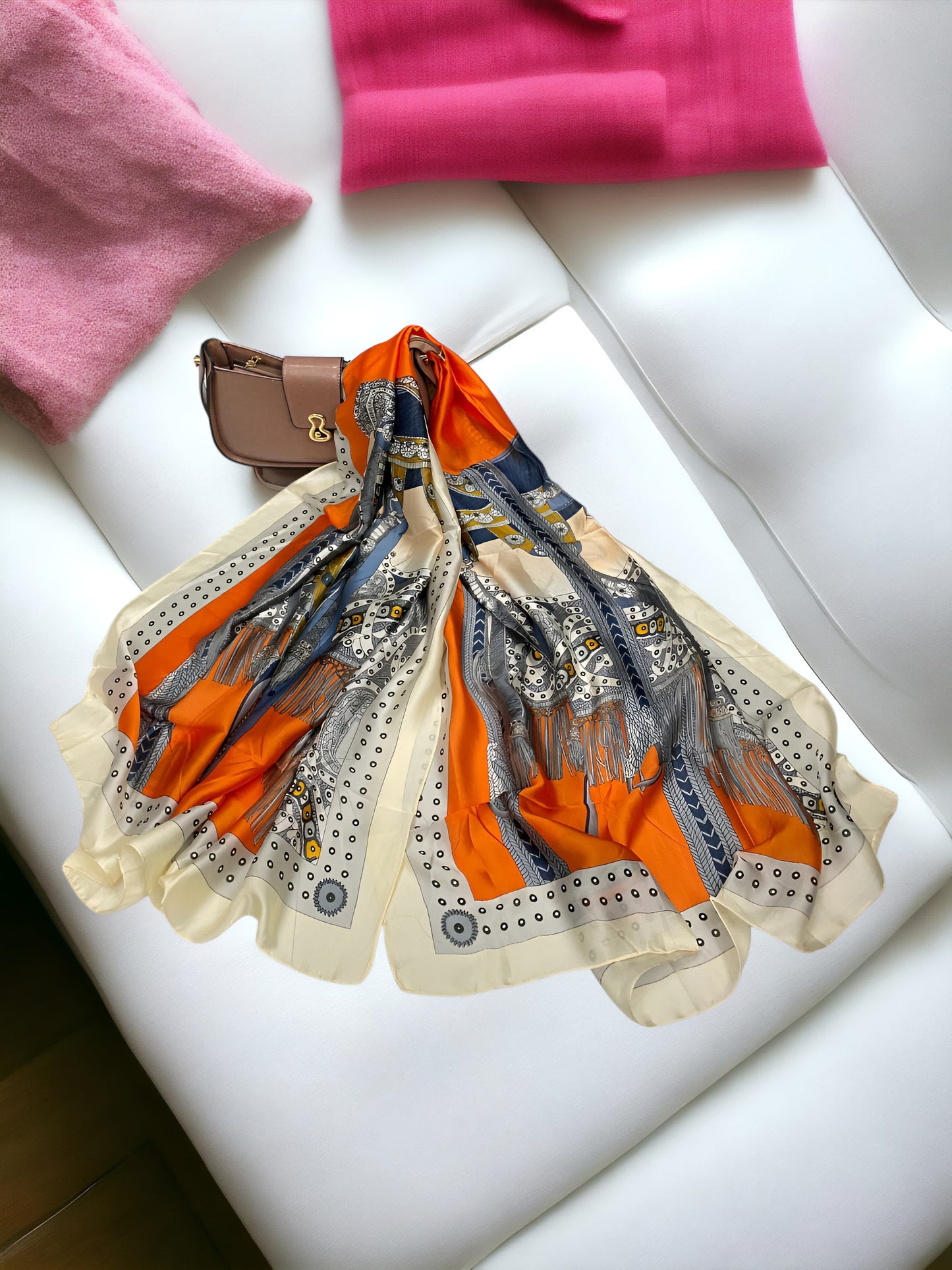 Large Satin Silk Scarf - Cream Tangerine