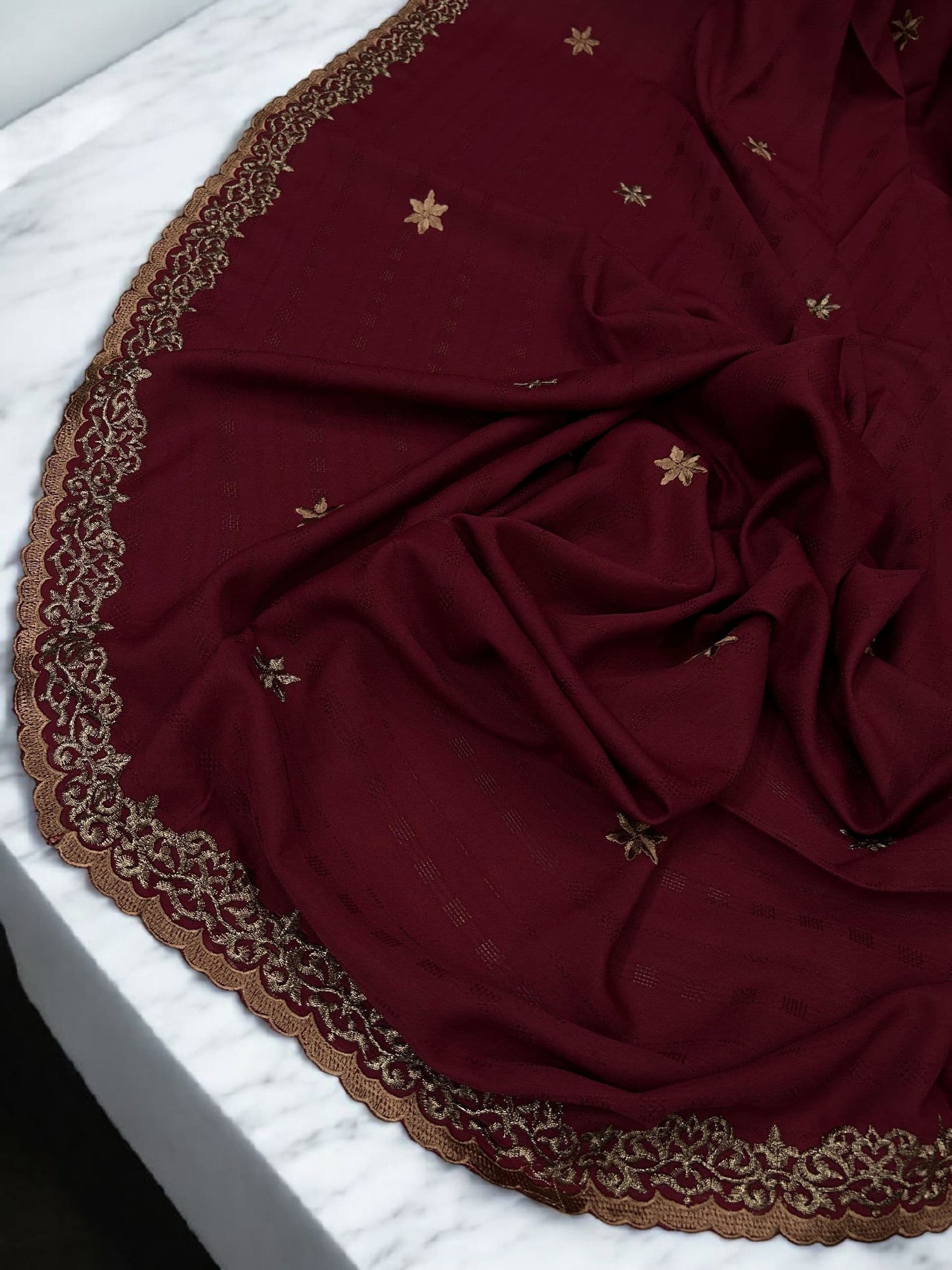 Maroon Rosegold Stars Cutwork Fancy Self Embroidered Shaal
