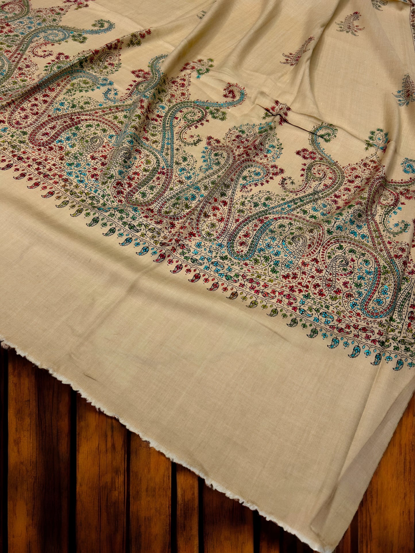 Beige Multi - Hand Embroidered Paisley Kashmiri Shawl