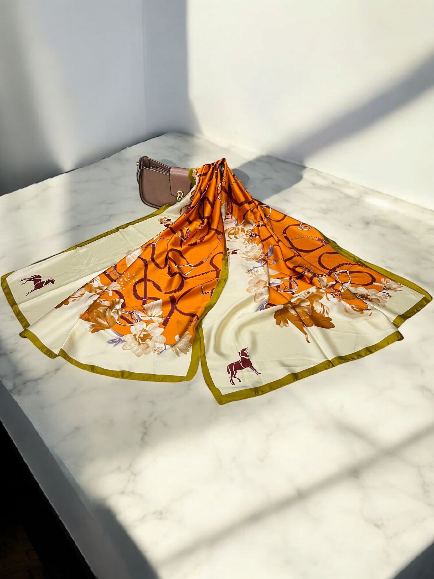 Large Satin Silk Scarf - Orange Cream Ribbons
