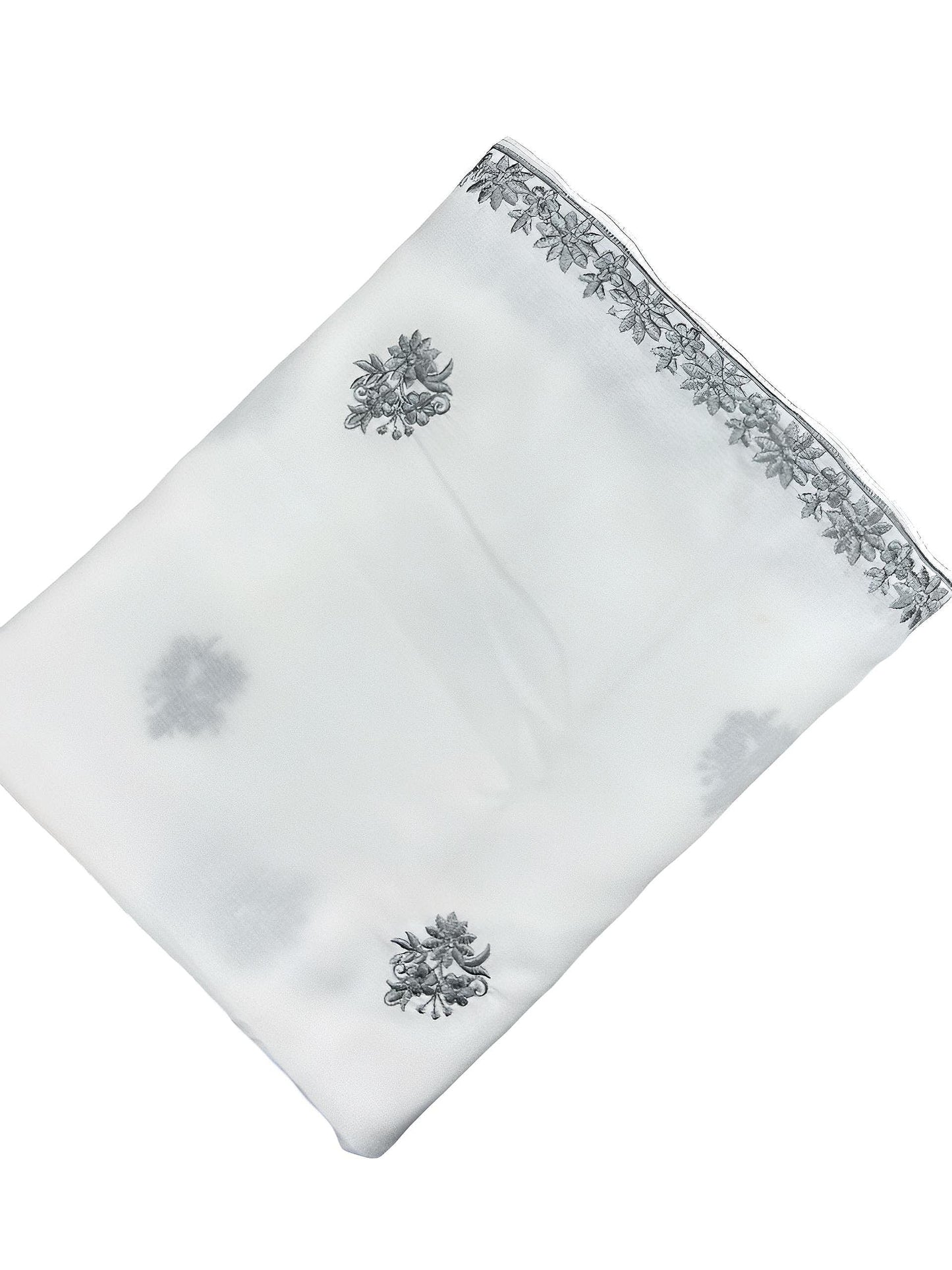 White Gray Silver Floral Border Shaal