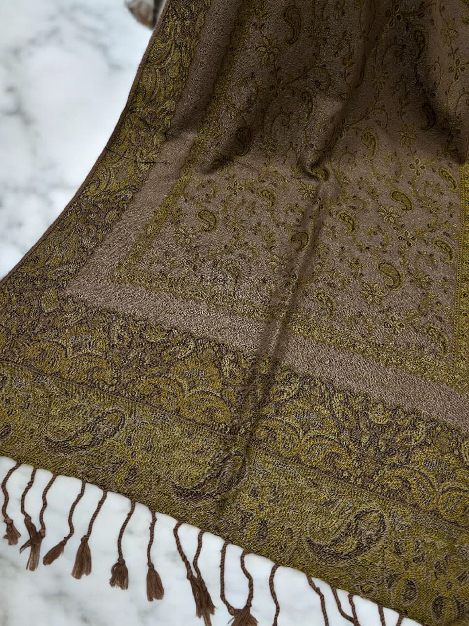 Beige Lime Green two-tone Paisley Pashmina Hijab