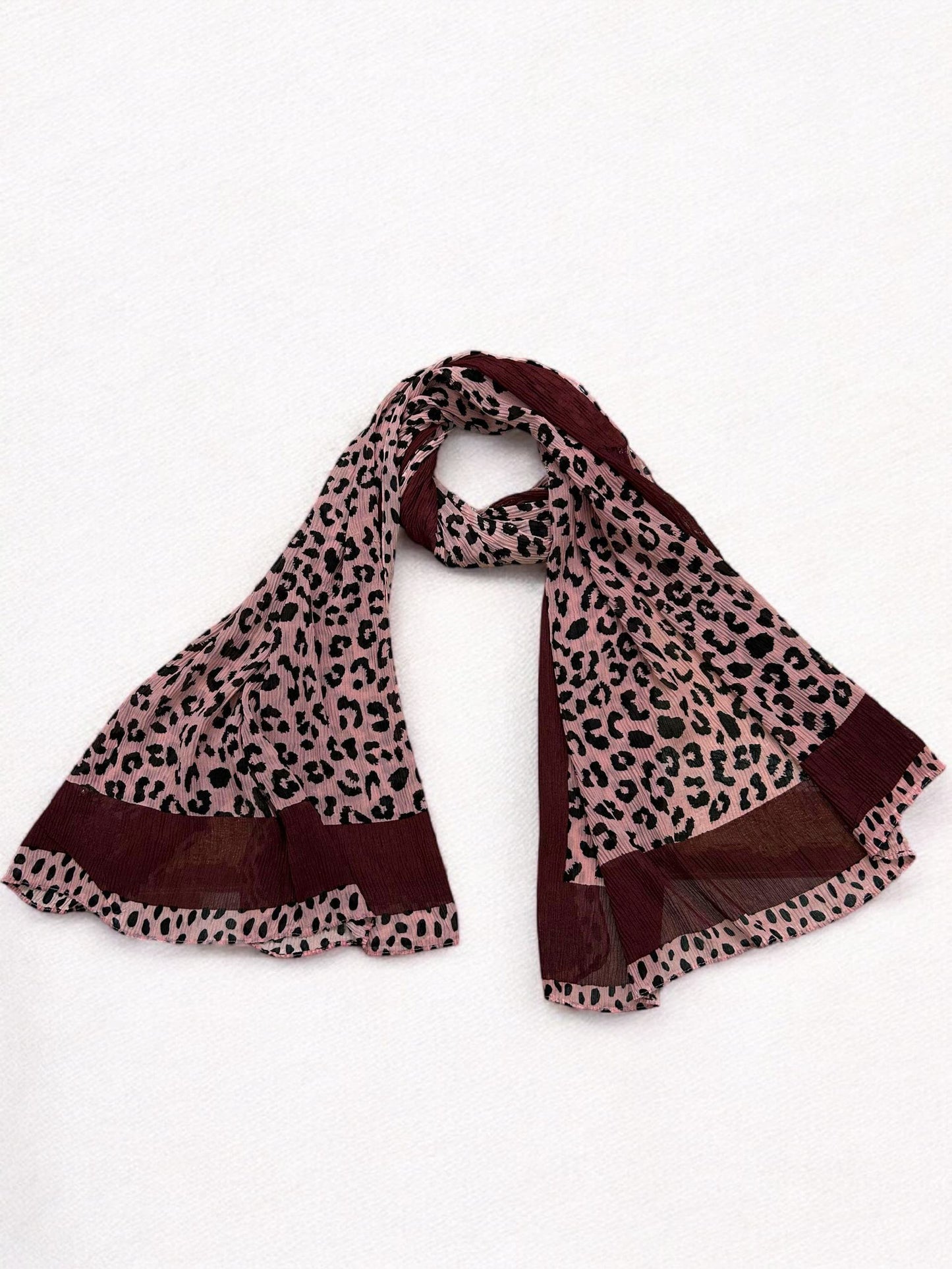 Burgundy Mauve Plain Border Leopard Printed Pleated Modal Hijab