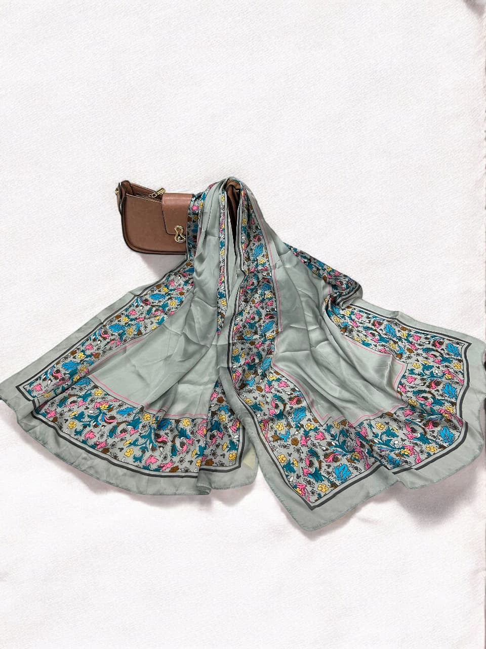 Large Satin Silk Scarf - Grey Multi Floral Border