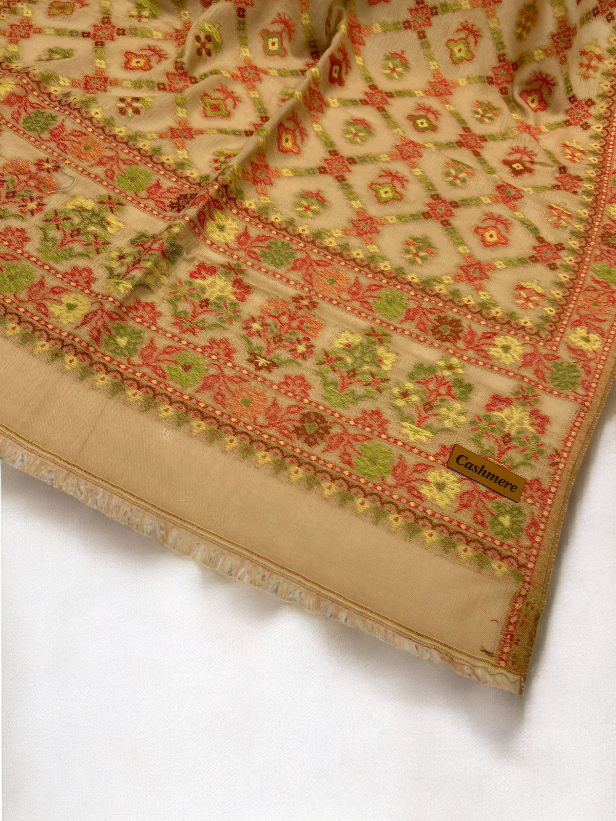 Beige Orange Crossed Floral Kani Pashmina Hijab