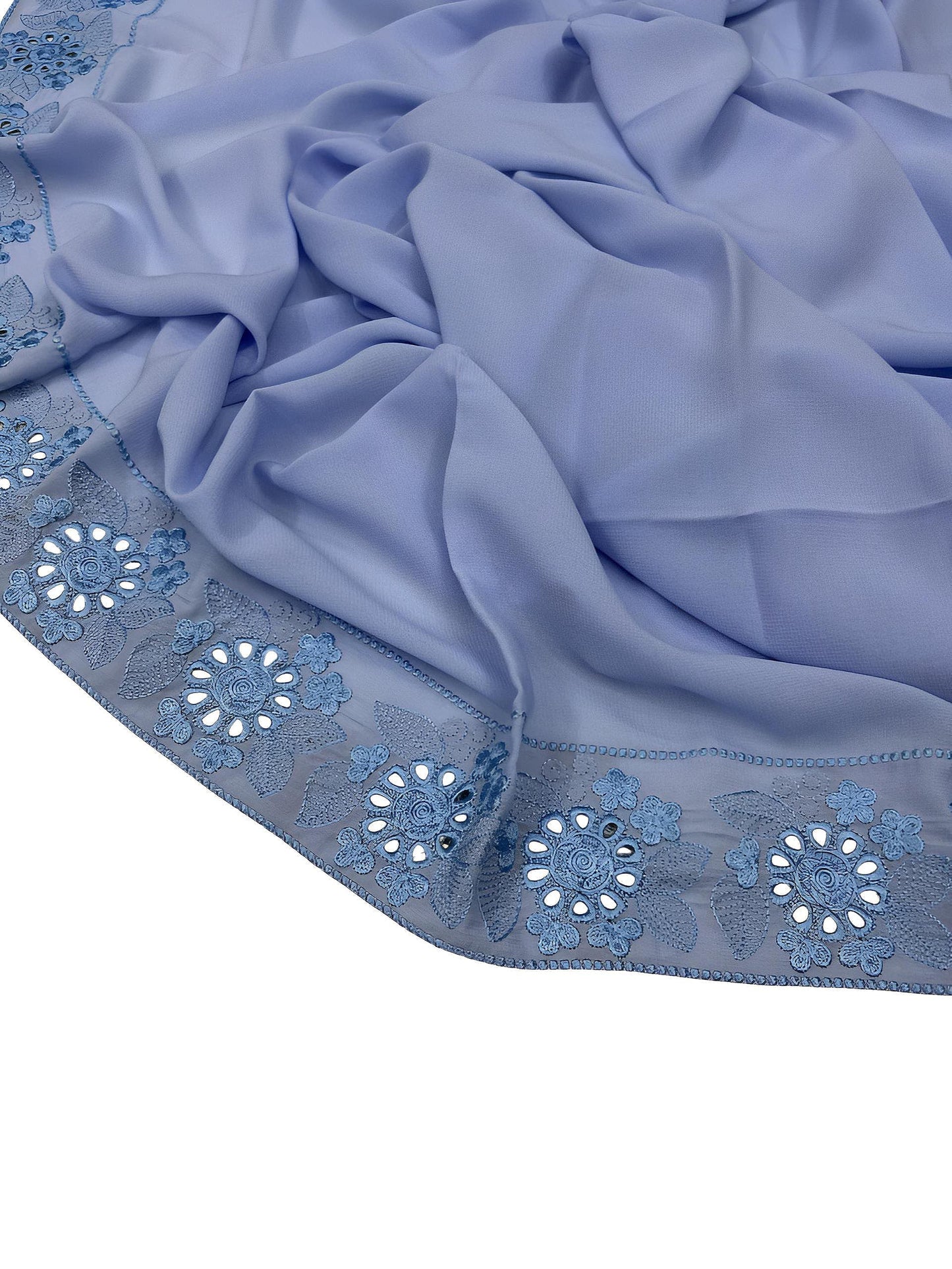 Luxury Light Blue Floral Mirrorwork Border Korean Shaal