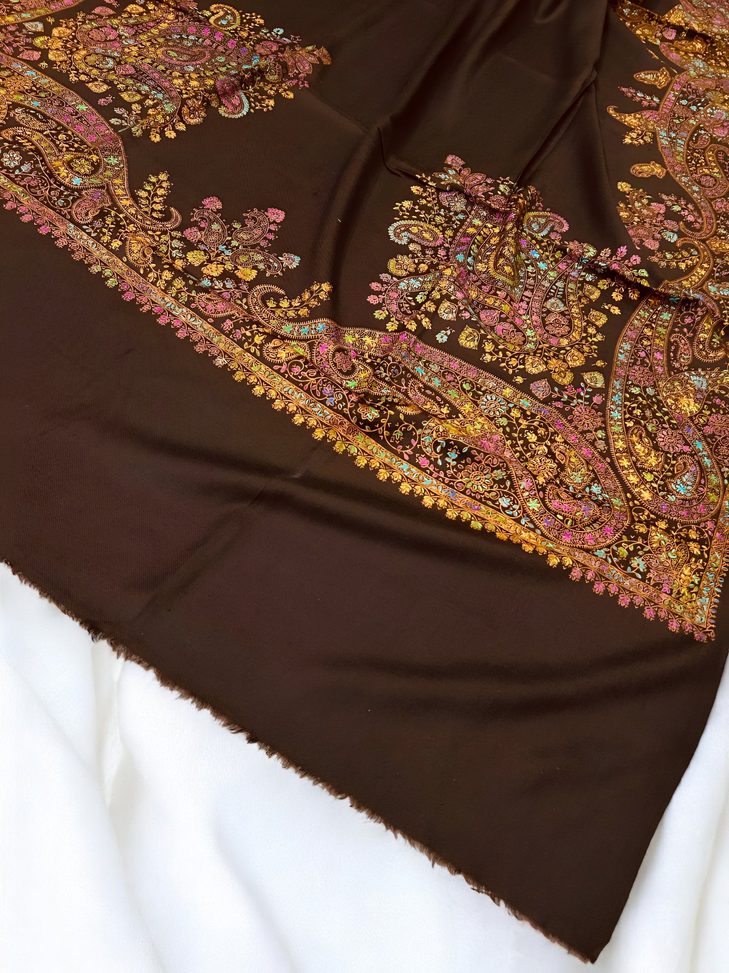 Brown Yellow - Hand Embroidered Paisley Kashmiri Shawl