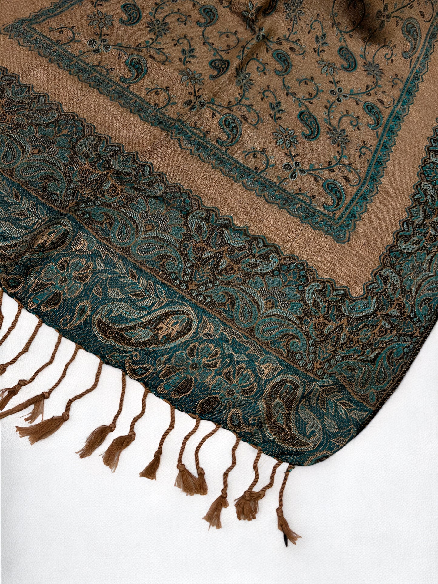 Beige Teal Green Little Paisleys Two-Tone Pashmina Hijab