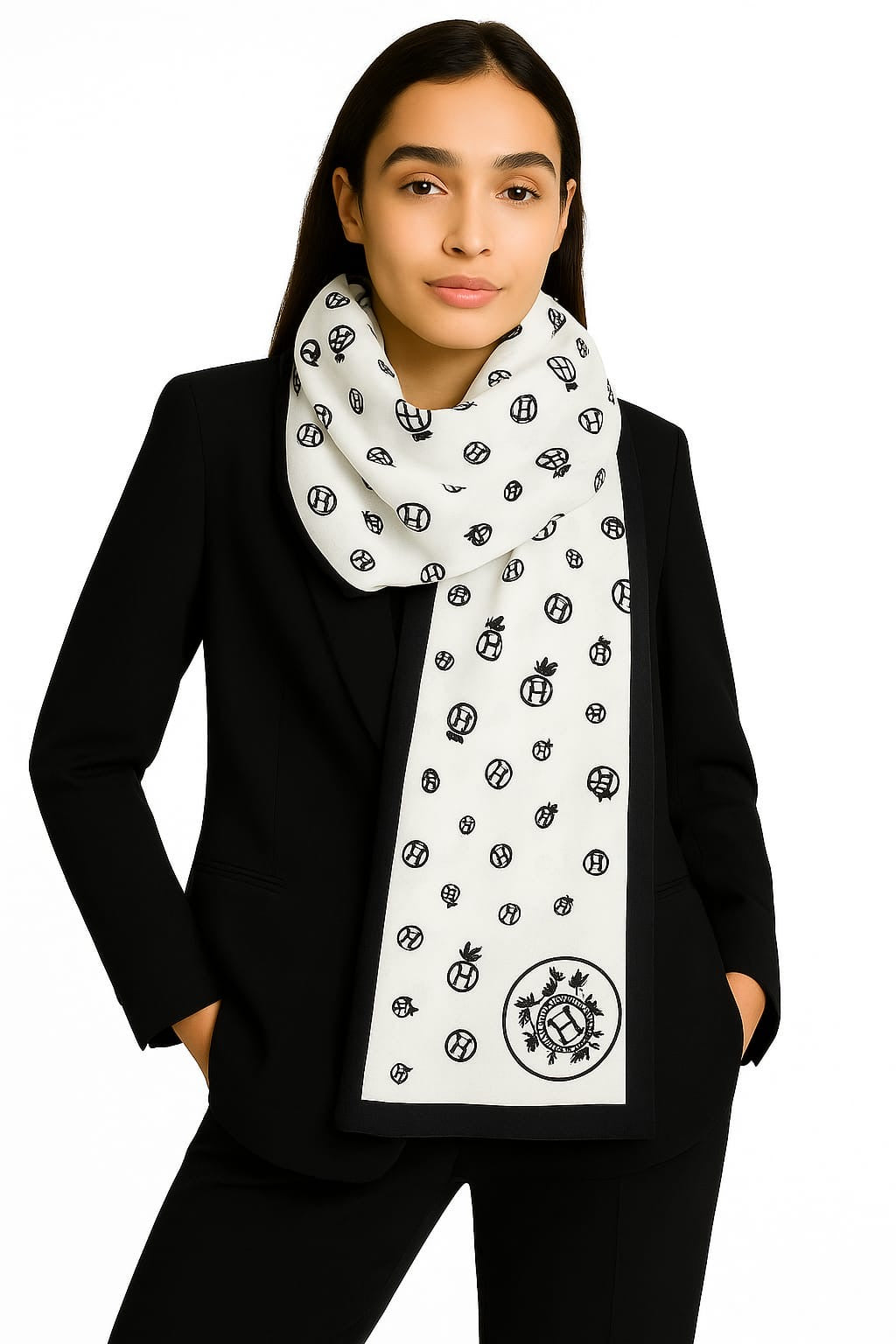 Printed Viscose Wool Hijab - White Hermes