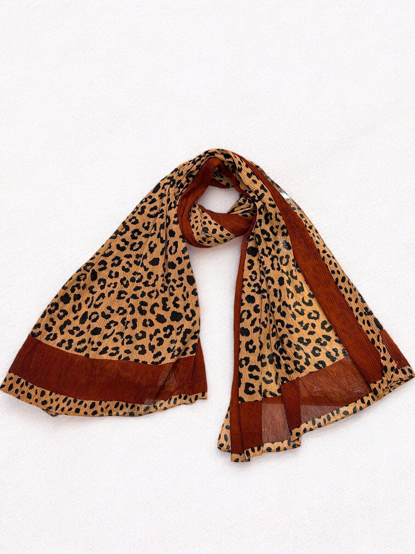 Caramel Brown Plain Border Leopard Printed Pleated Modal Hijab