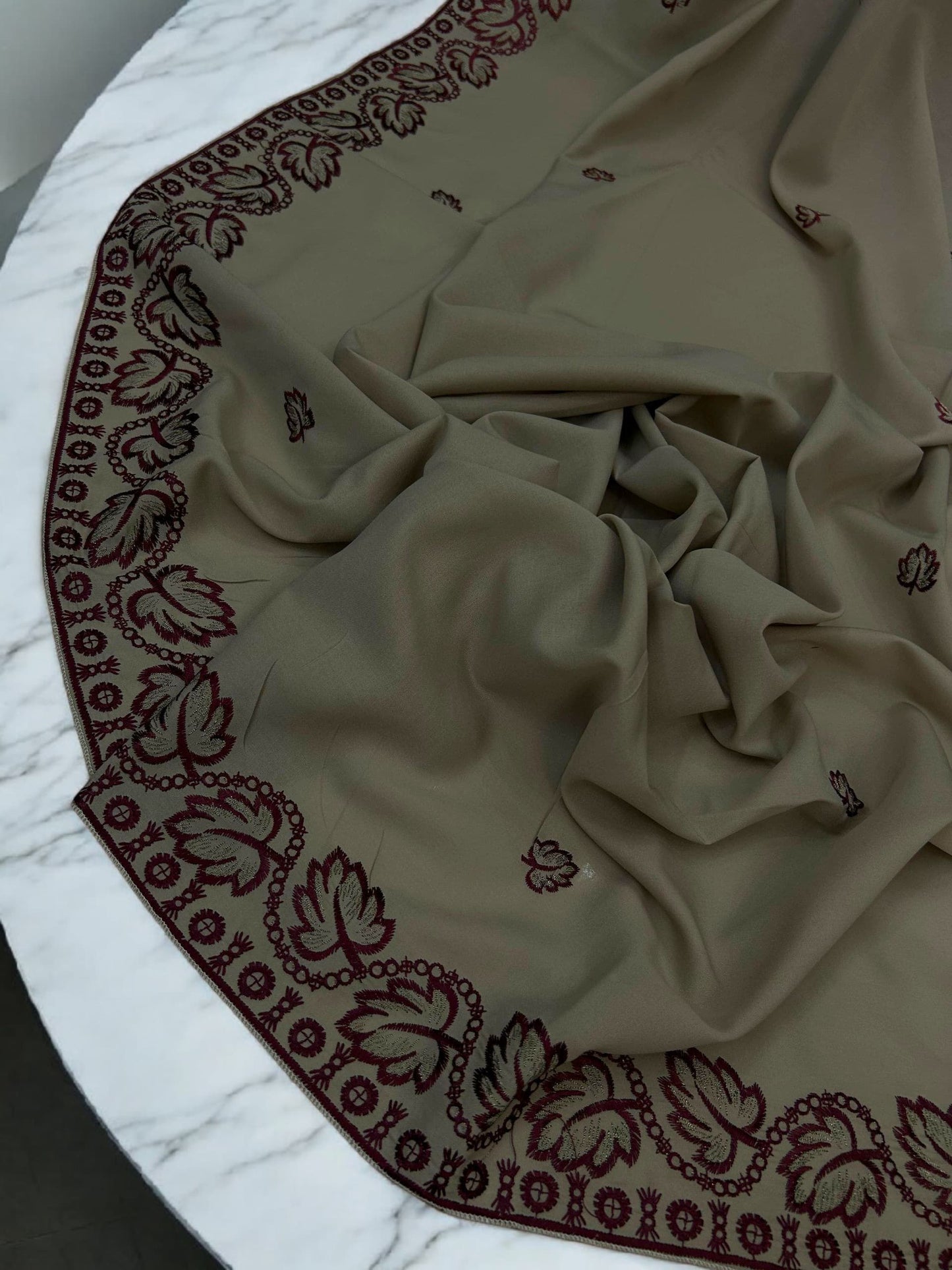 Peanut Brown Maroon Leaflets Fancy Embroidered Shaal
