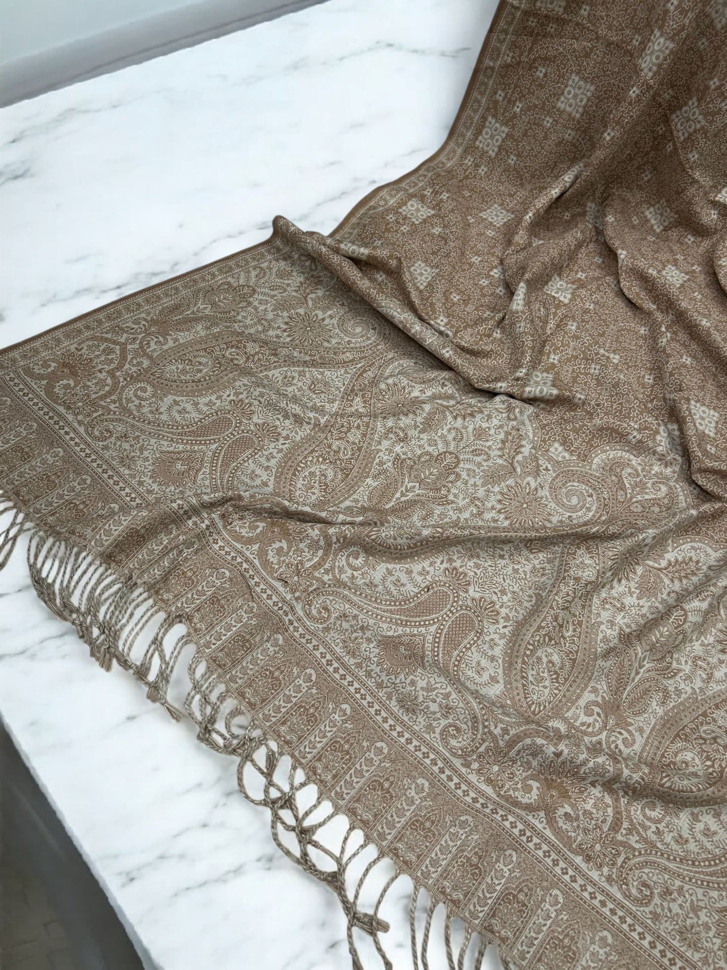 Threadwork Paisley Pashmina Shawl - Cappuccino White