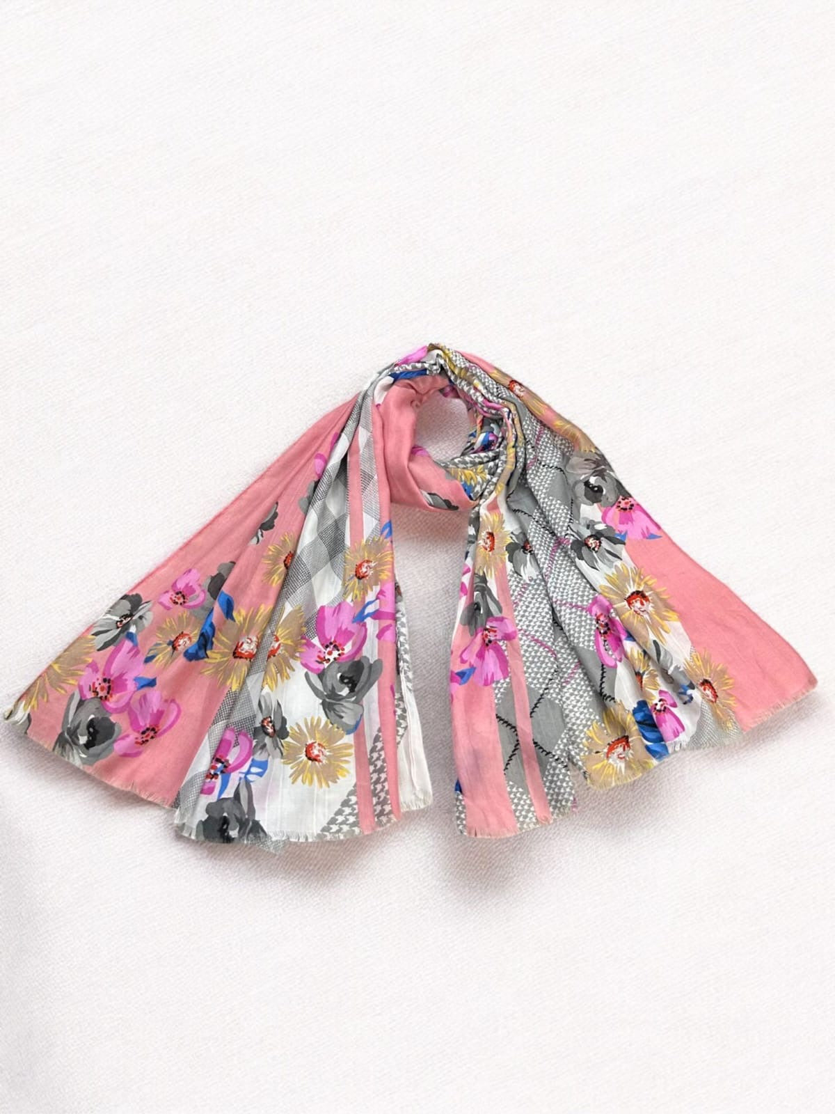 Pink Grey Check Floral Printed Modal Hijab