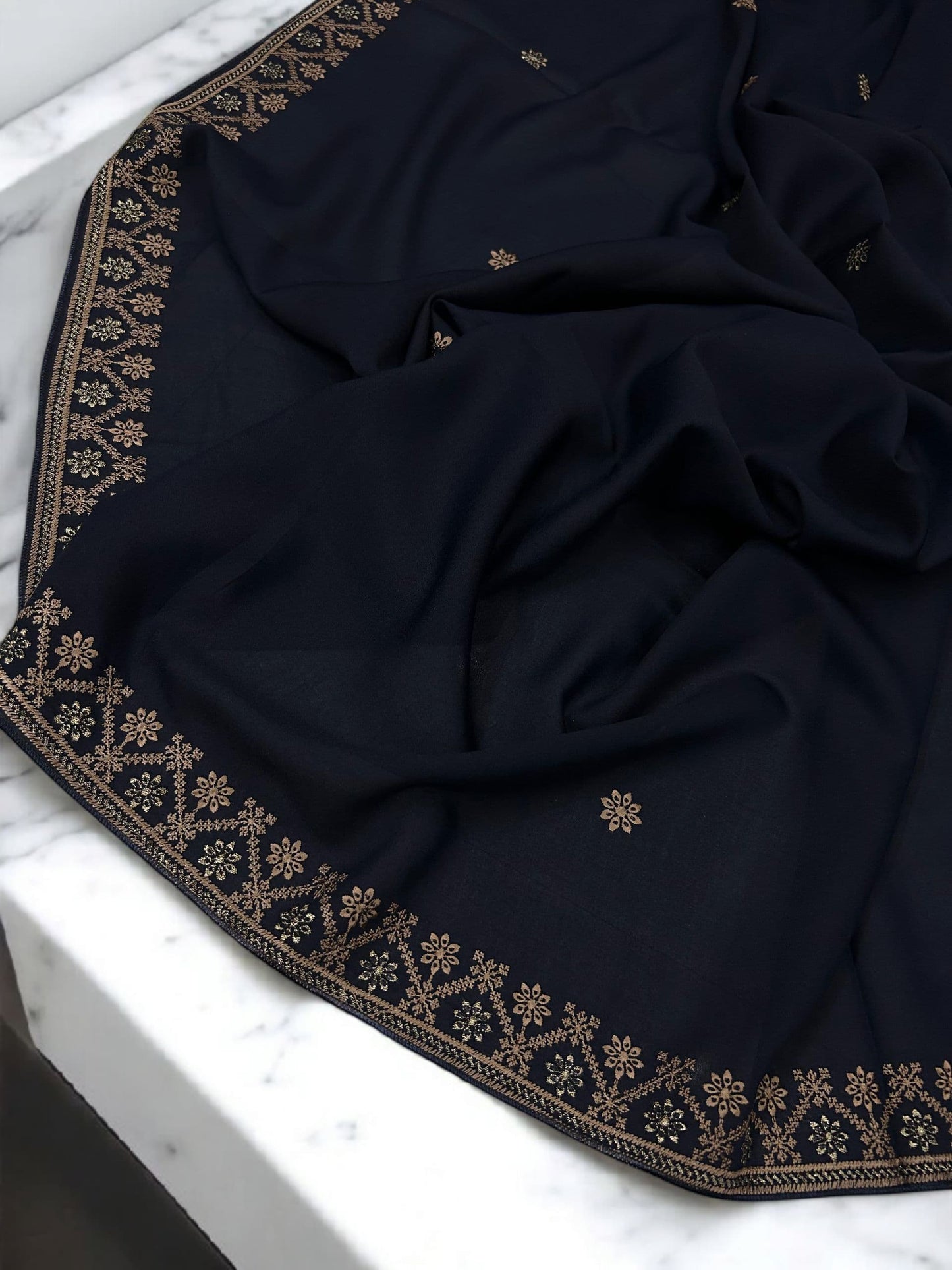 Navy Rosegold Flowers Threadwork Embroidered Border Shaal
