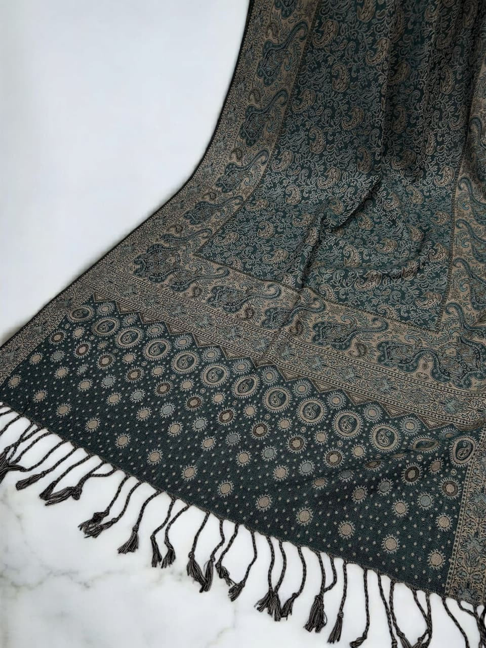 Dark Green Beige Dotted Dual Tone Pashmina Hijab