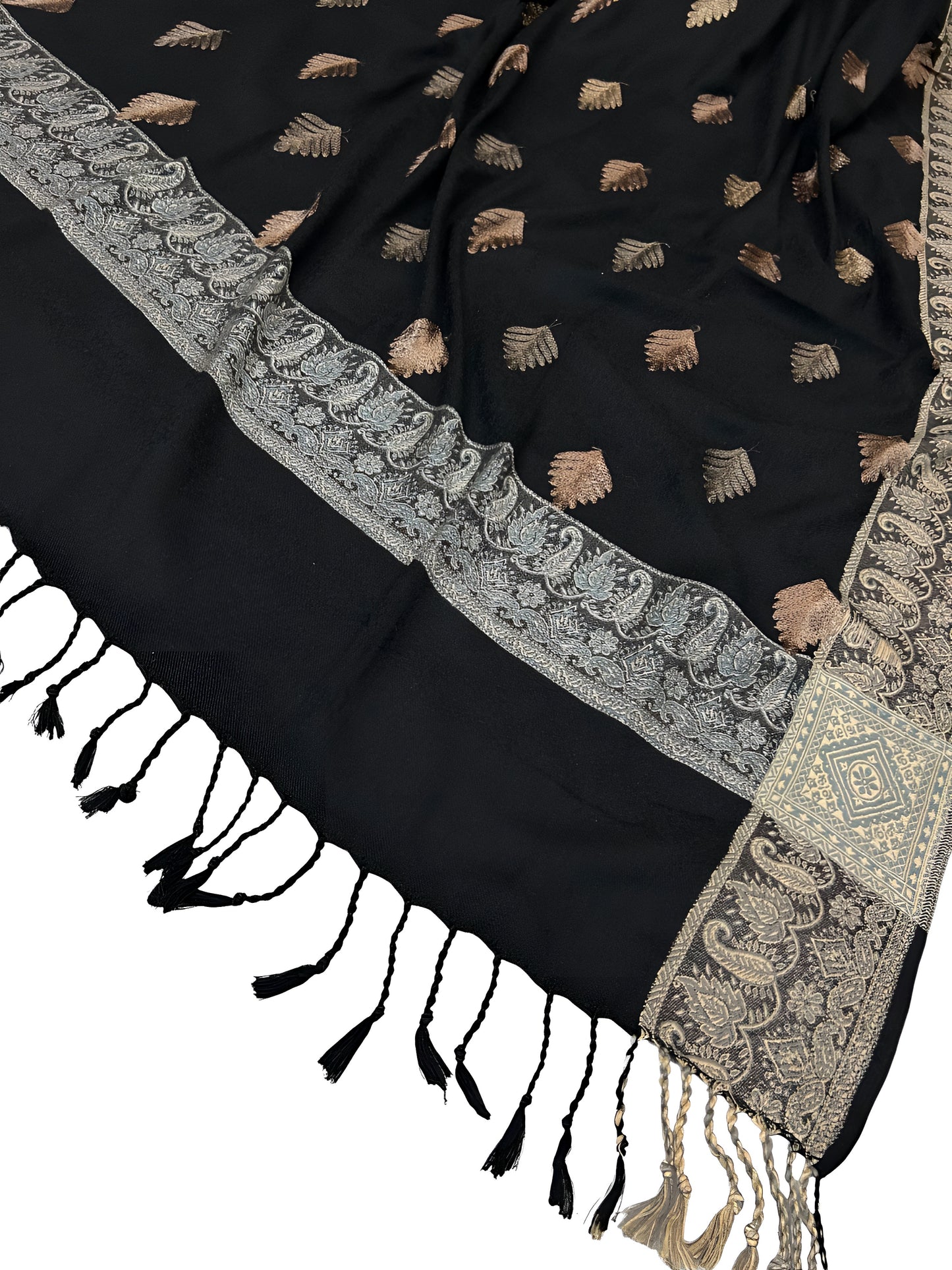 Black - Leaflet Kashmiri Border Shawl