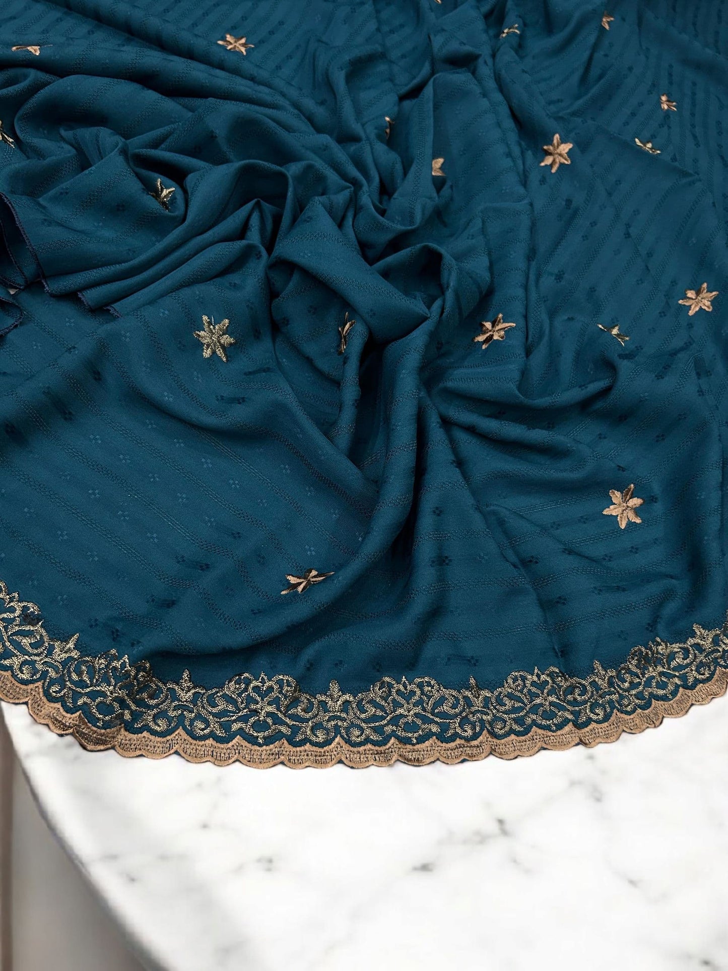 Teal Rosegold Stars Cutwork Fancy Self Embroidered Shaal
