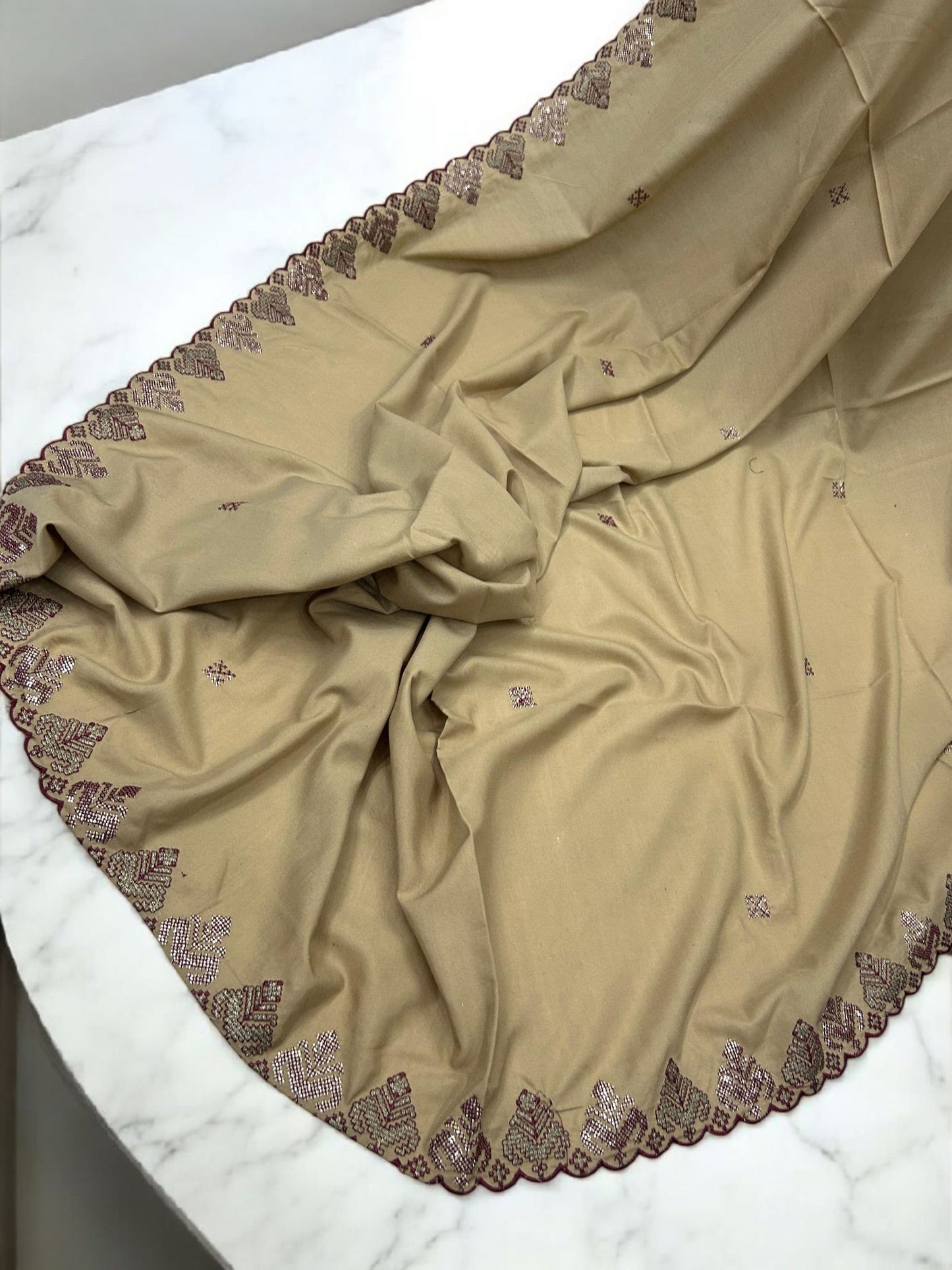 Ecru Brown Maroon Cutwork Embroidered Shaal