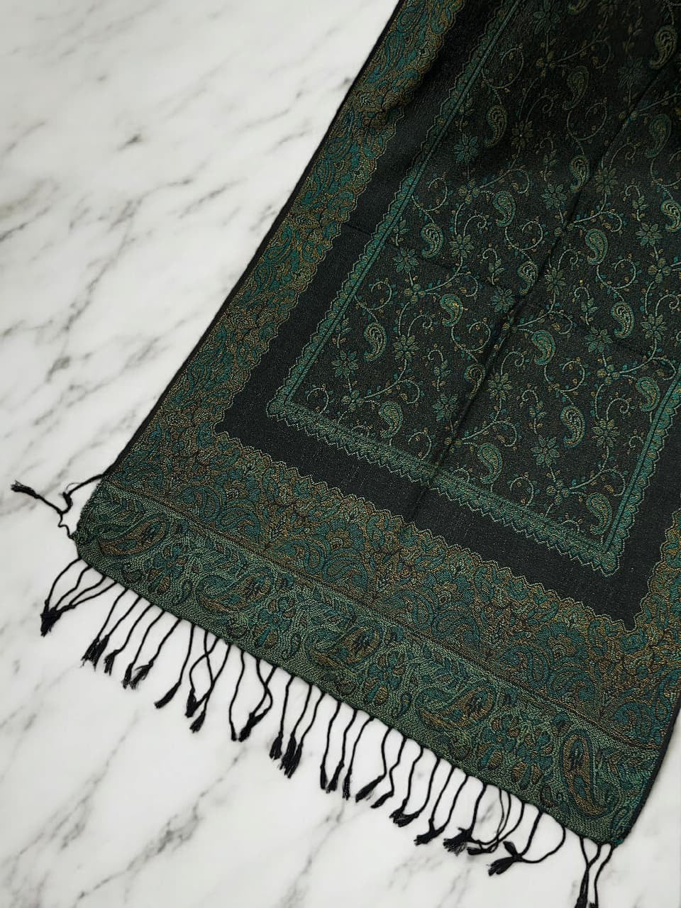 Navy Sea Green Little Paisleys Two-Tone Pashmina Hijab