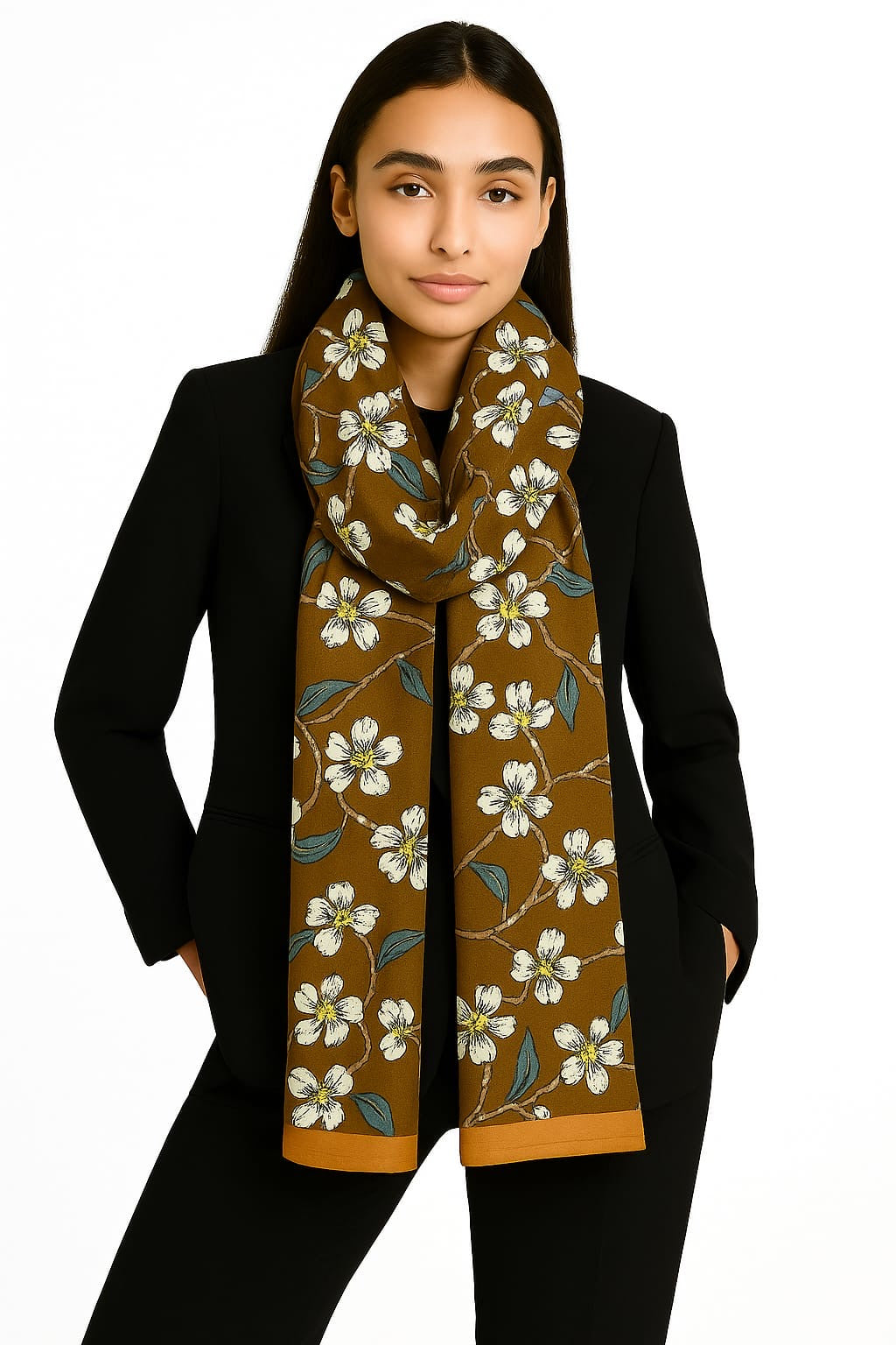 Printed Viscose Wool Hijab - Brown White Flowers