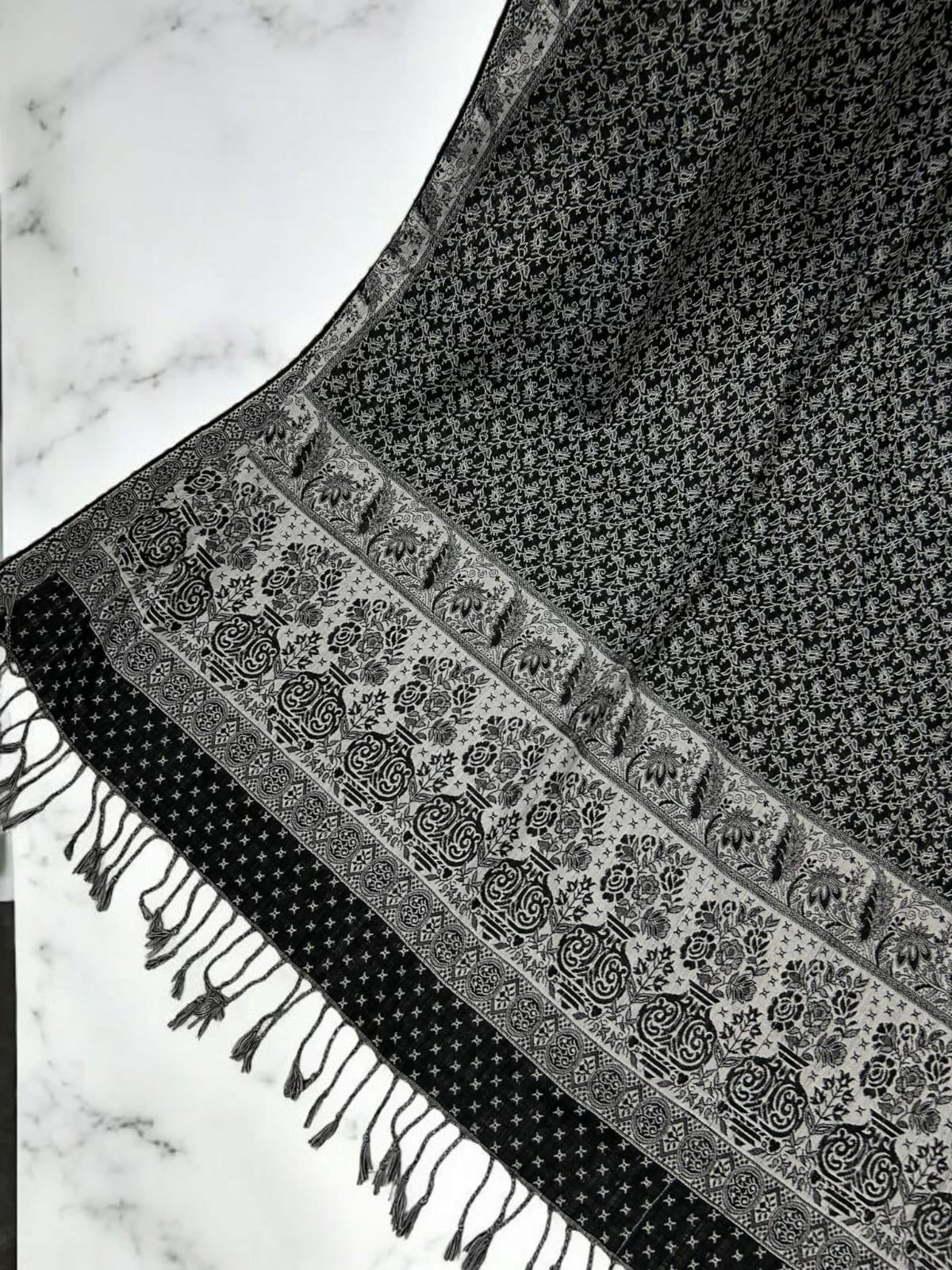 Paisley Pashmina Shawl - Black Silver Grey