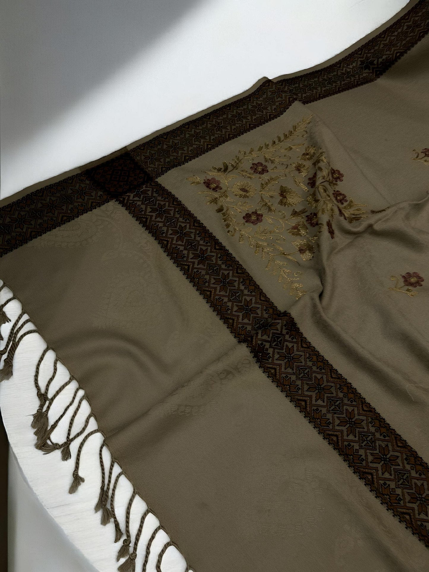 Greige Mahogany Border Embroidered Gold Floral Pashmina Shawl