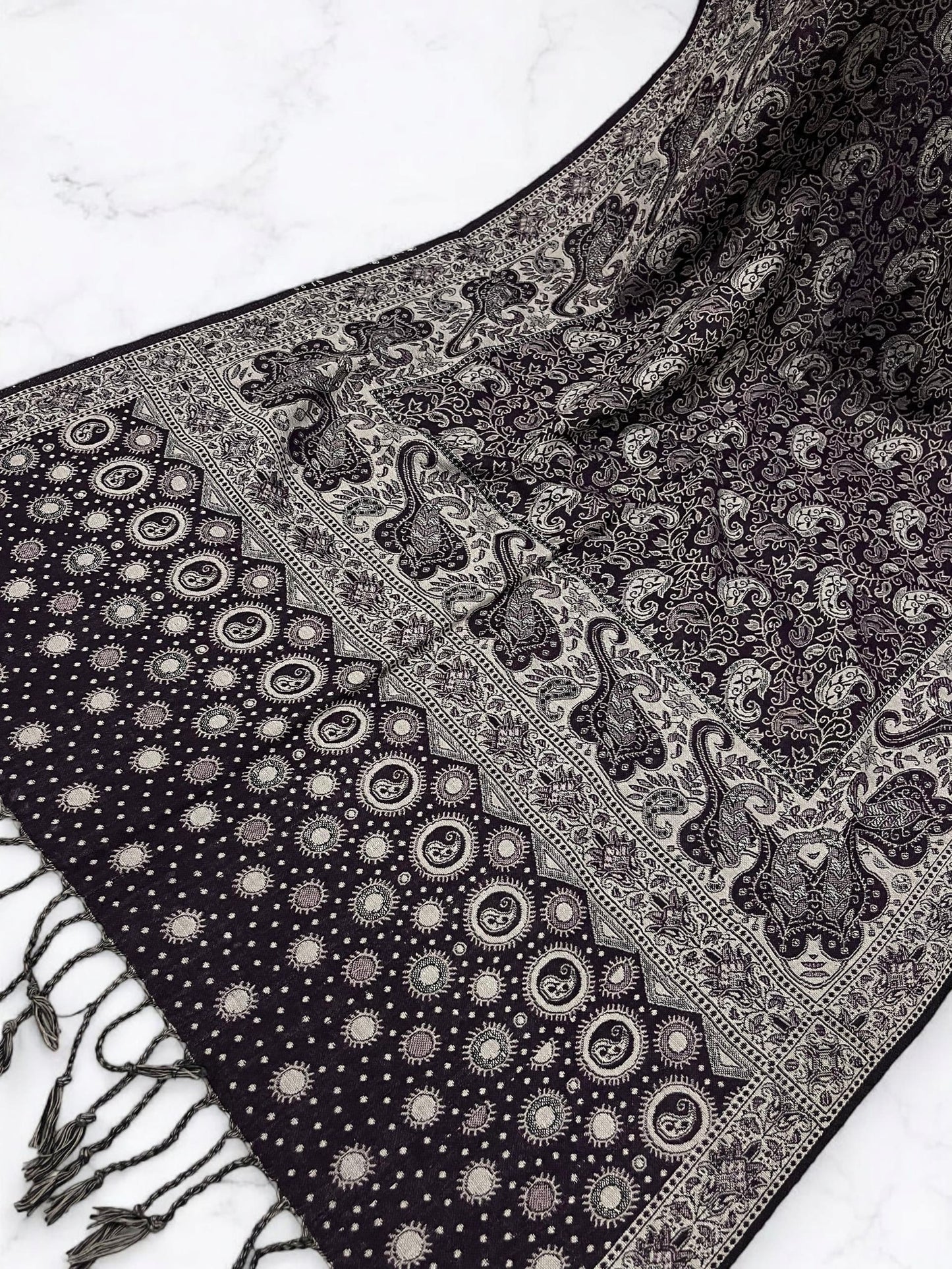 Black White Silver Dotted Two-tone Paisley Pashmina Hijab