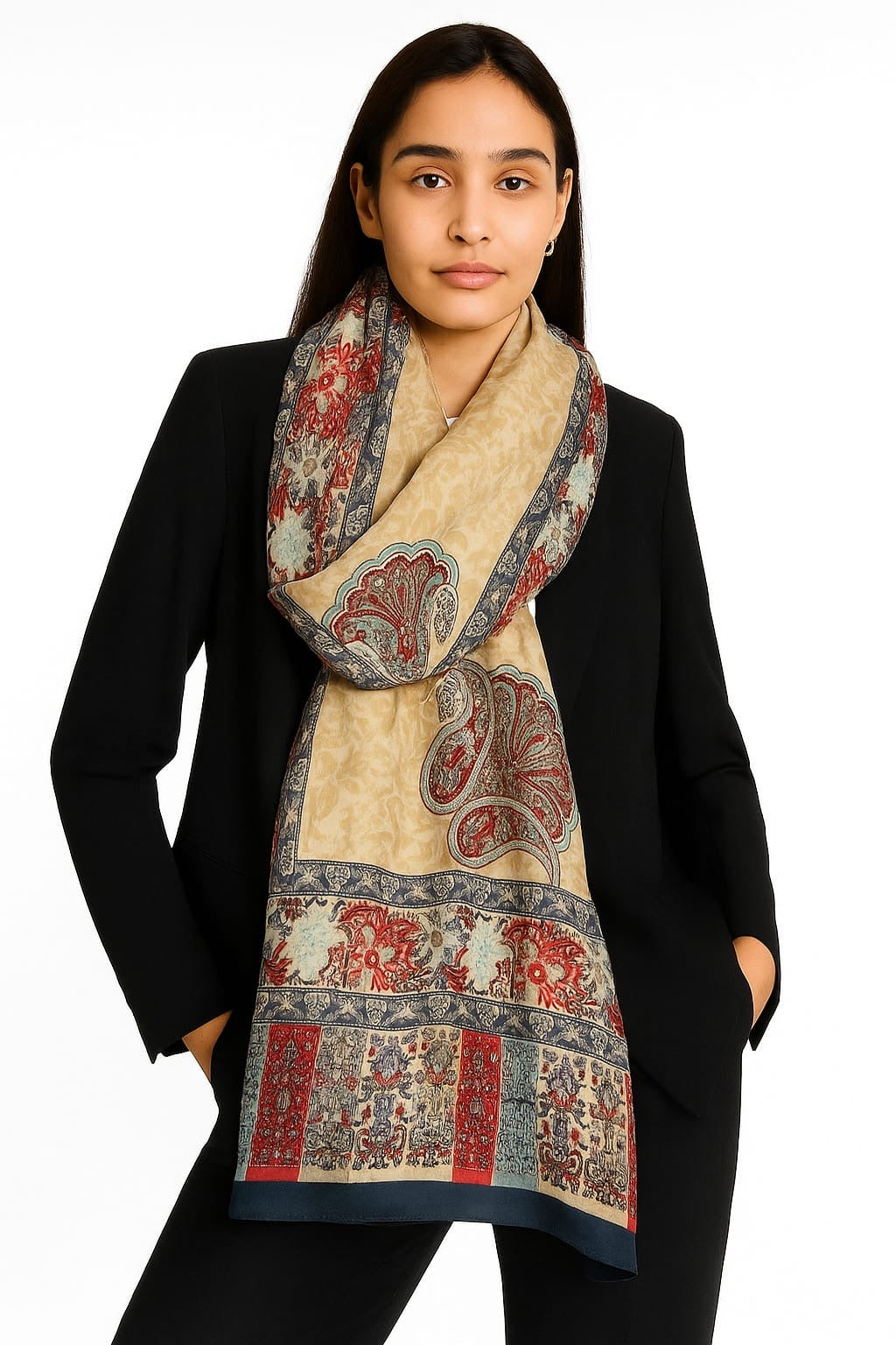 Printed Viscose Wool Hijab - Vanilla Red Paisley