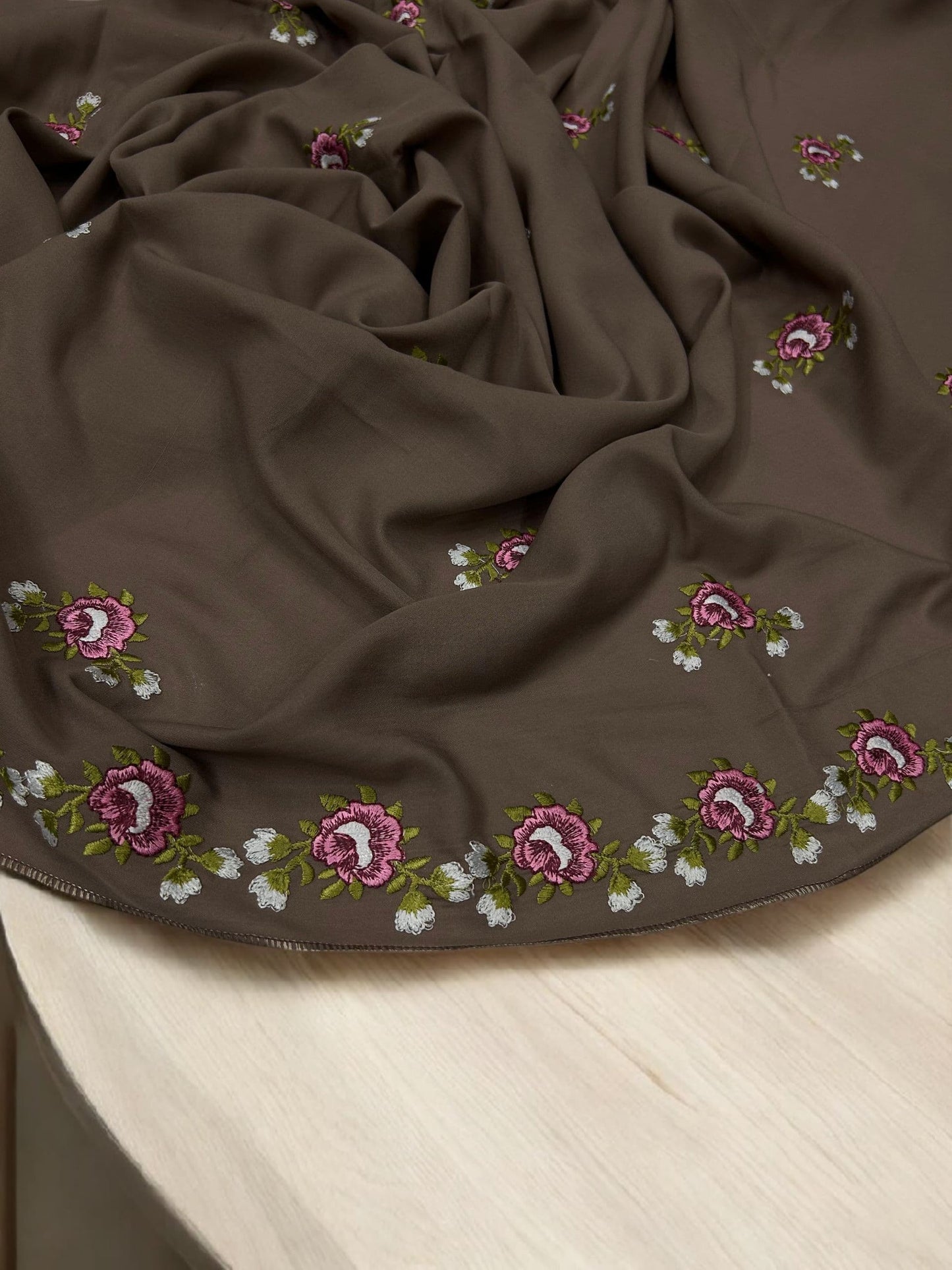 Coffee Pink Floral Garden Embroidered Shaal